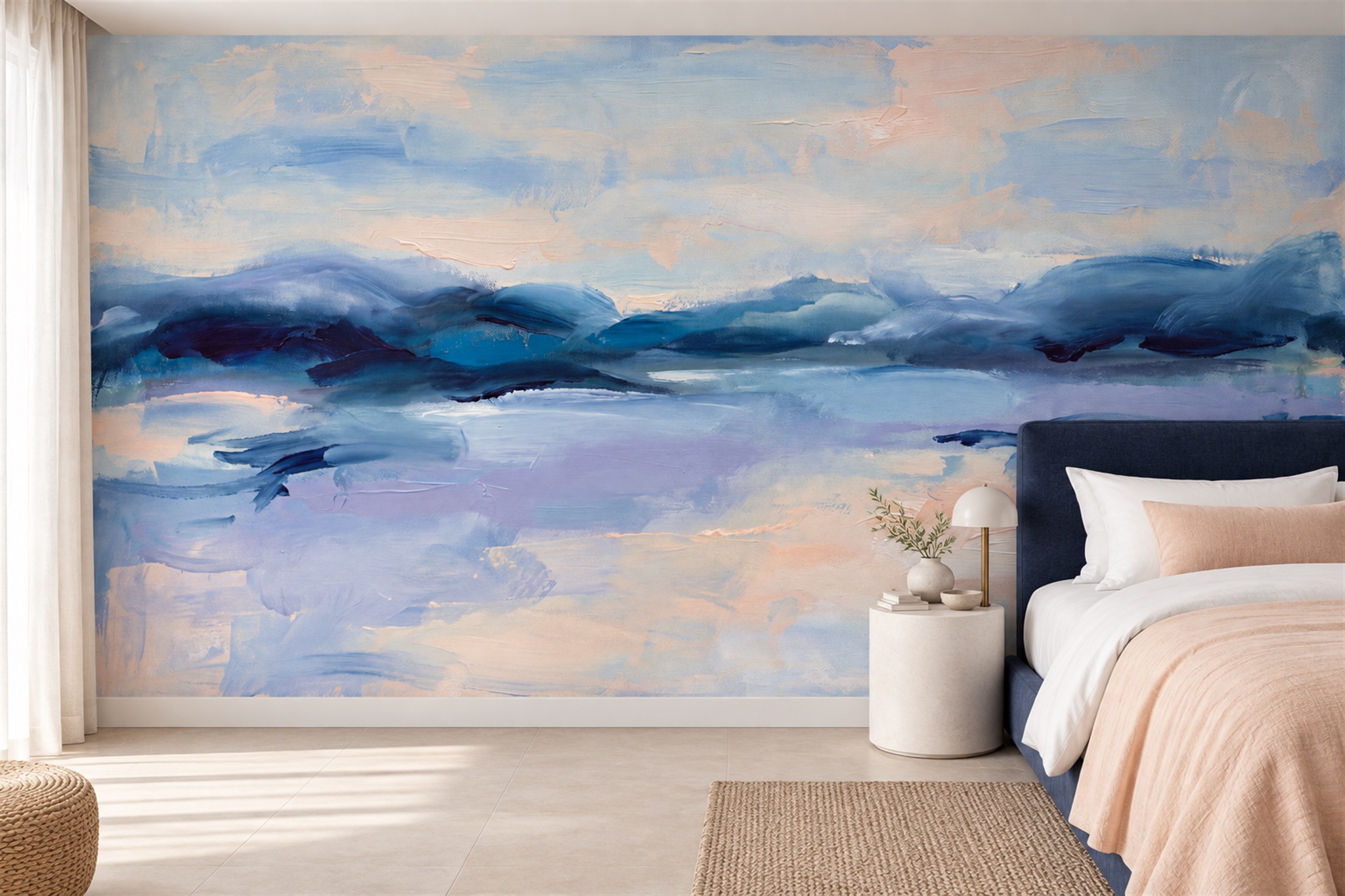 Blue Washed Artful Decorative Wallpaper Mural Bedroom-wallpaper-murals, Peel-and-stick Finish