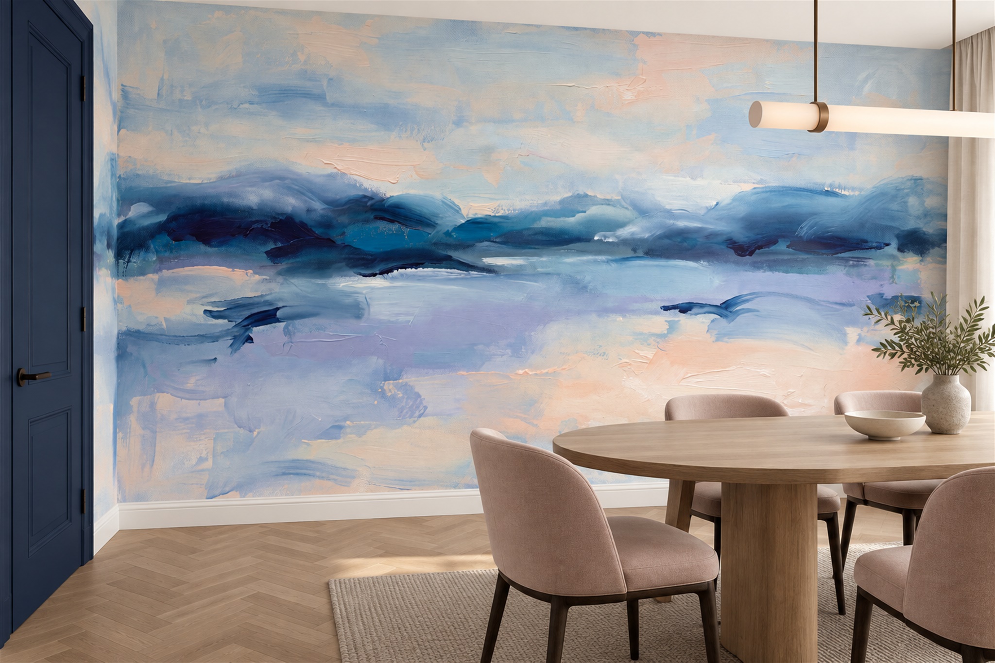 Blue Washed Artful Decorative Wallpaper Mural Living-room-wallpaper-murals, Peel-and-stick Finish
