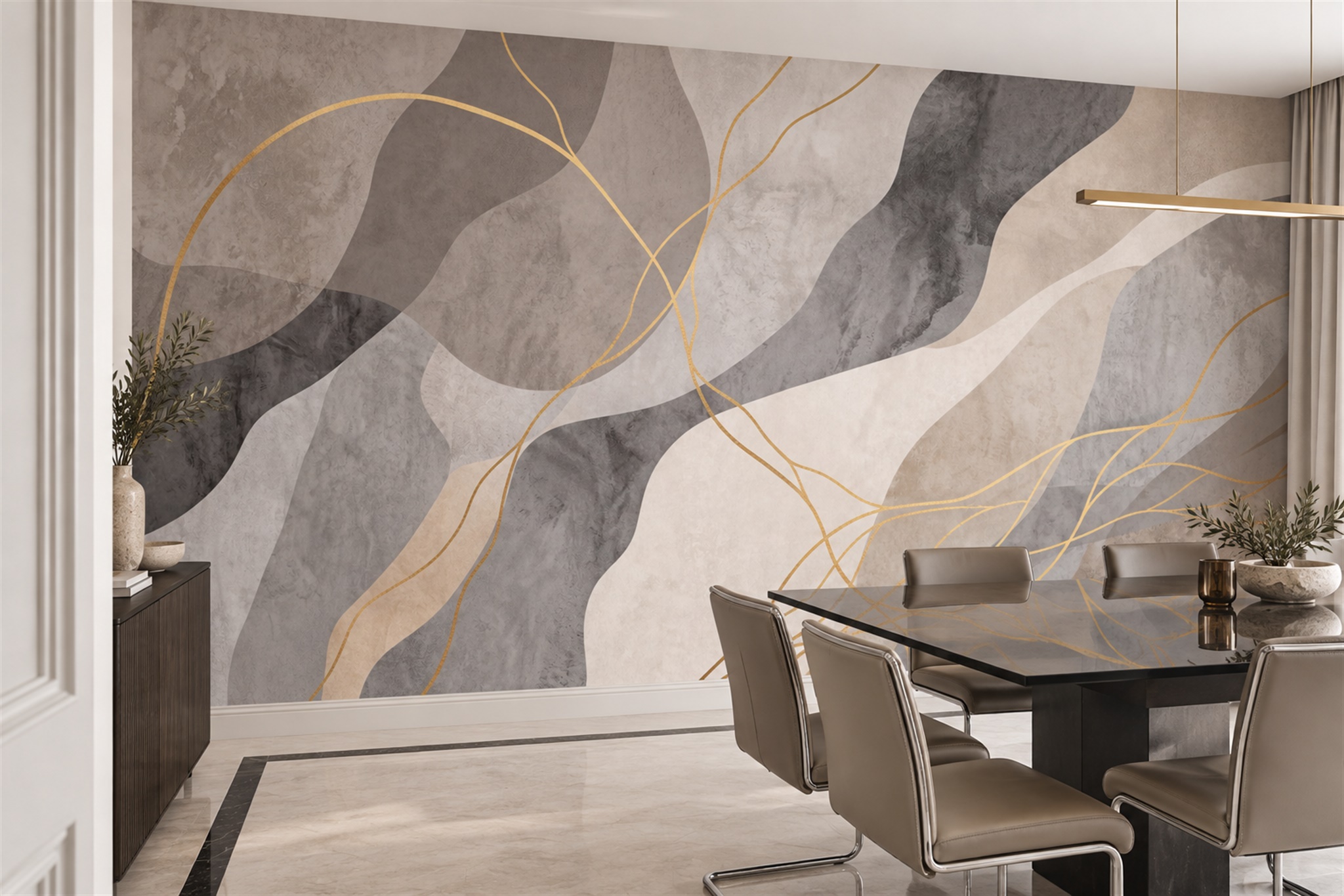 Taupe Waves Artful Wallpaper Mural Dining-room-wallpaper-murals, Shown In A Dining Room, Peel-and-stick Finish