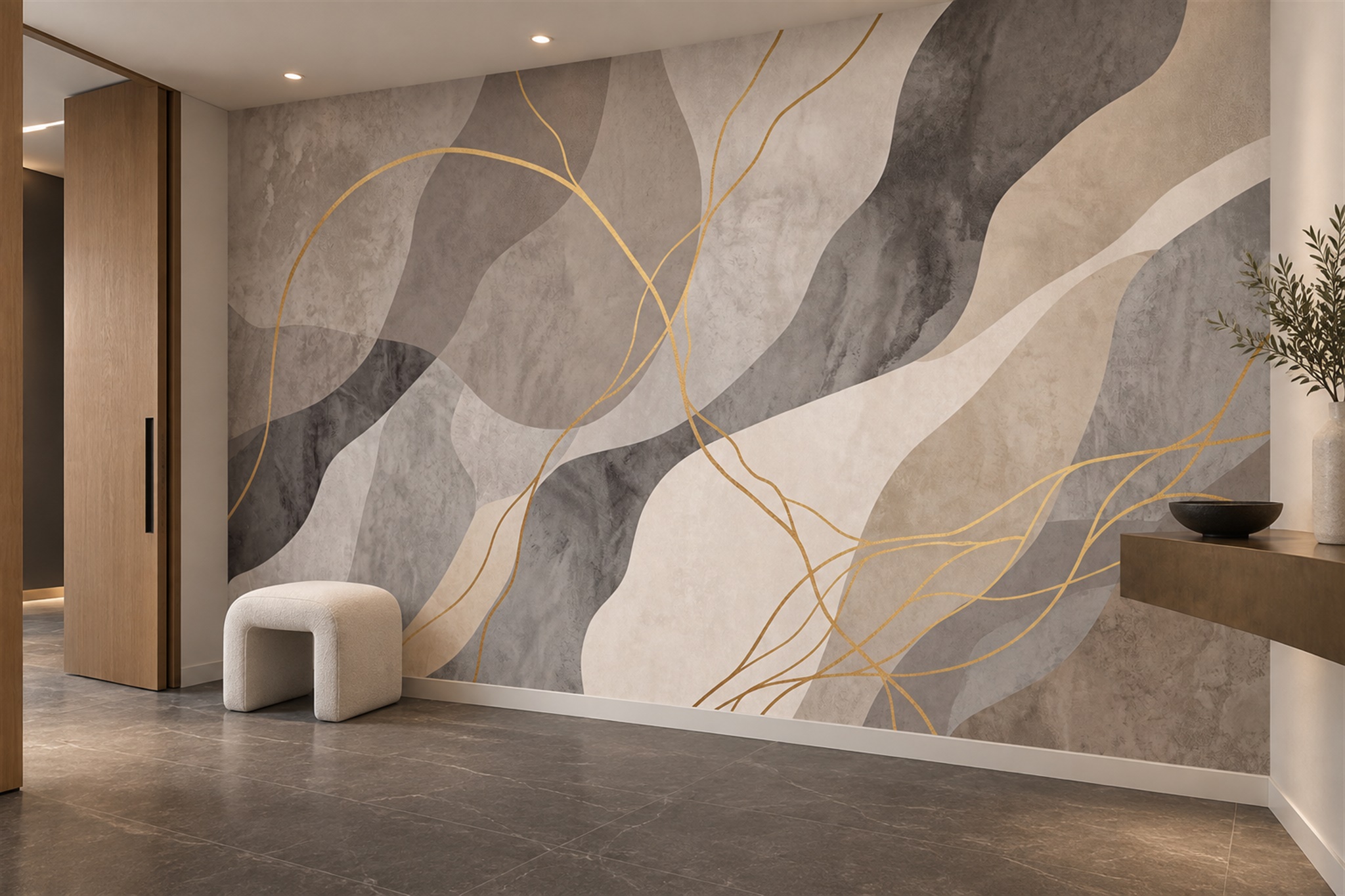 Taupe Waves Artful Wallpaper Mural Living-room-wallpaper-murals, Peel-and-stick Finish