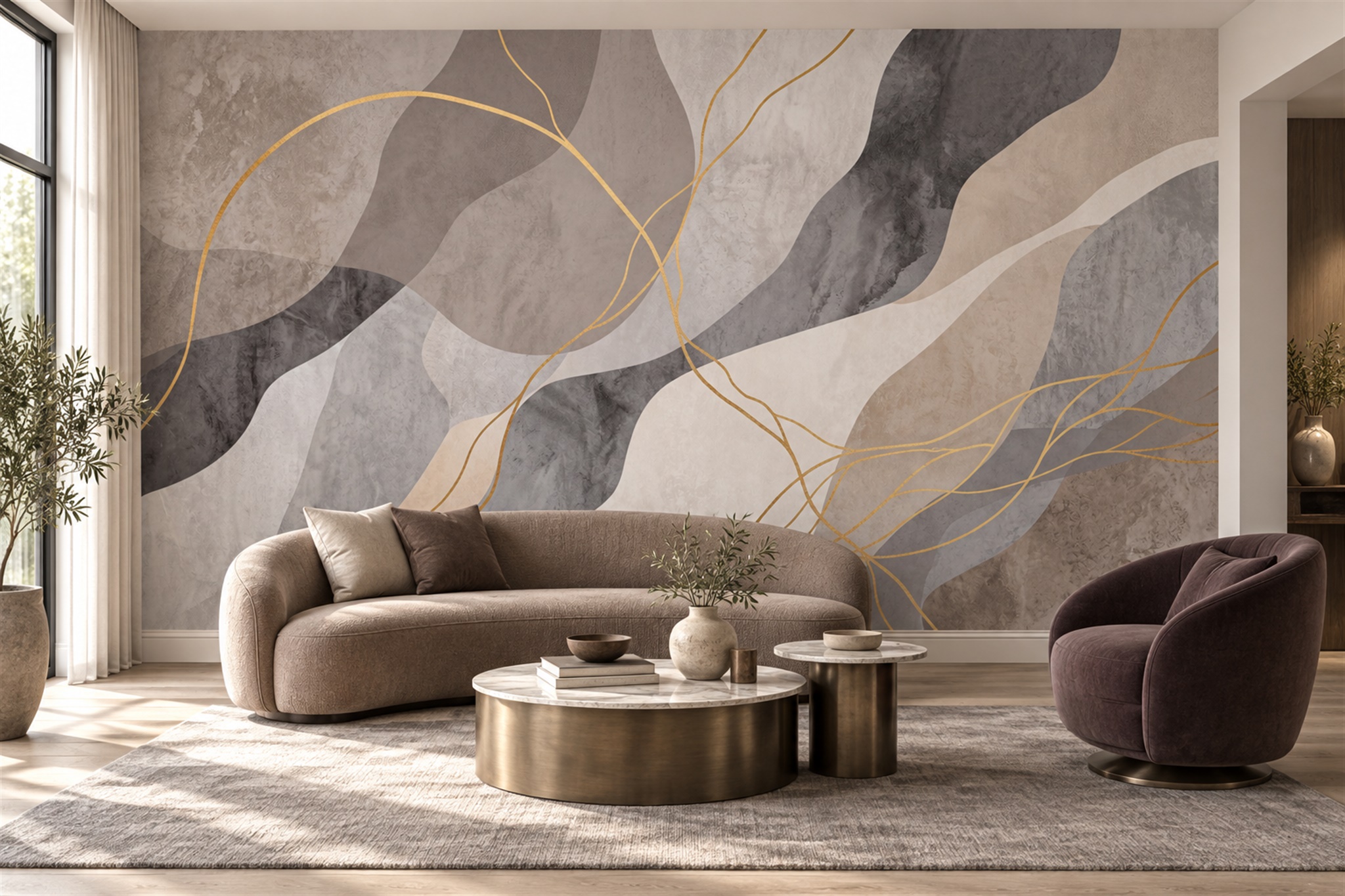 Taupe And Grey Flowing Wave Abstract Wallpaper Mural — Wallpaper Mural Design, Peel-and-stick Finish