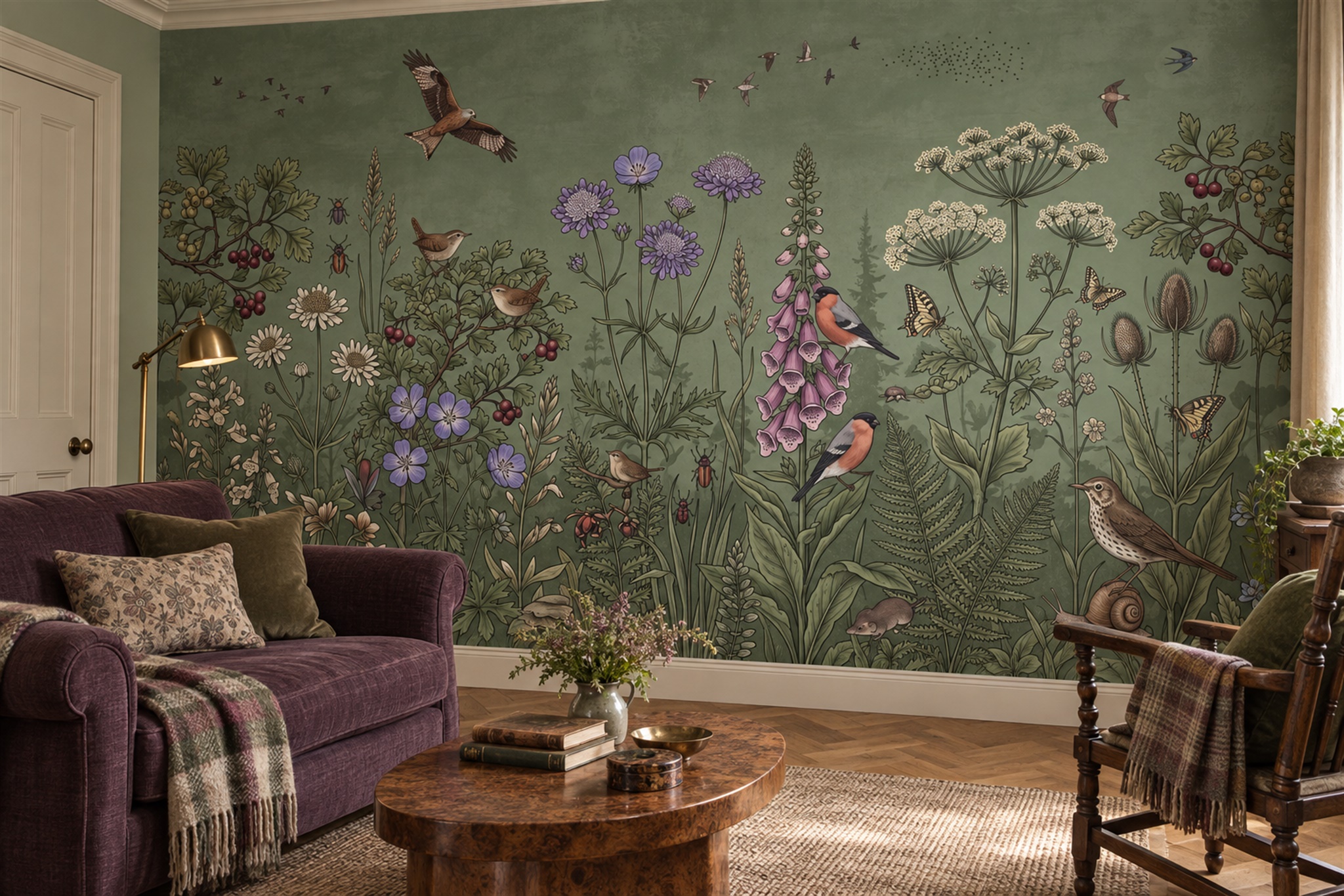 Illustrated Birds And Wildflowers Meadow Wallpaper Mural — Wallpaper Mural Design, Peel-and-stick Finish
