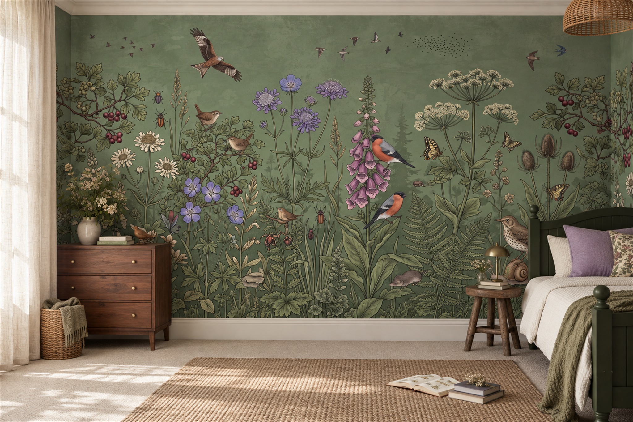 Sage Botanical Botanical Meadow Wallpaper Mural Kids-room-wallpaper-murals, Peel-and-stick Finish