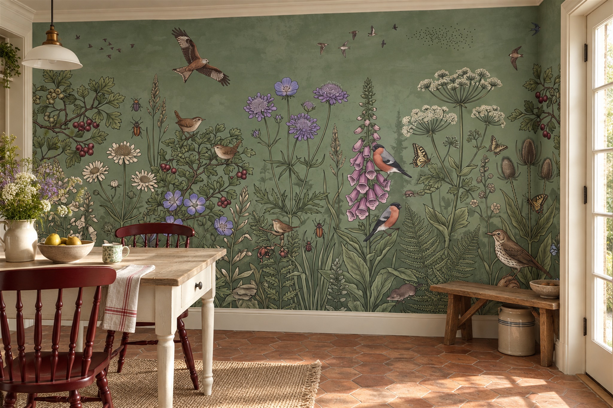 Sage Botanical Botanical Meadow Wallpaper Mural Home-office-wallpaper-murals, Peel-and-stick Finish
