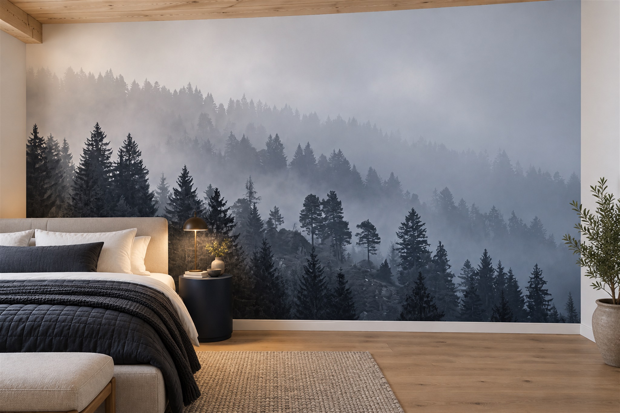 Misty Grey Pine Forest Wallpaper Mural — Installed Wallpaper Mural In A Bedroom, Peel-and-stick Finish