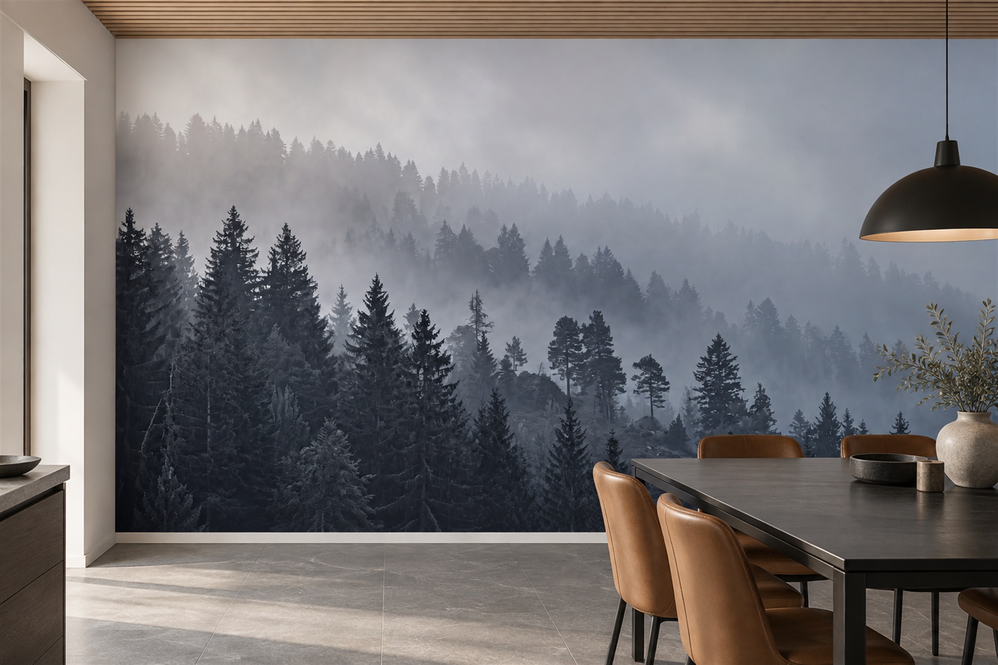 Grey Forest Scenic Painterly Wallpaper Mural Dining-room-wallpaper-murals, Shown In A Dining Room, Peel-and-stick Finish