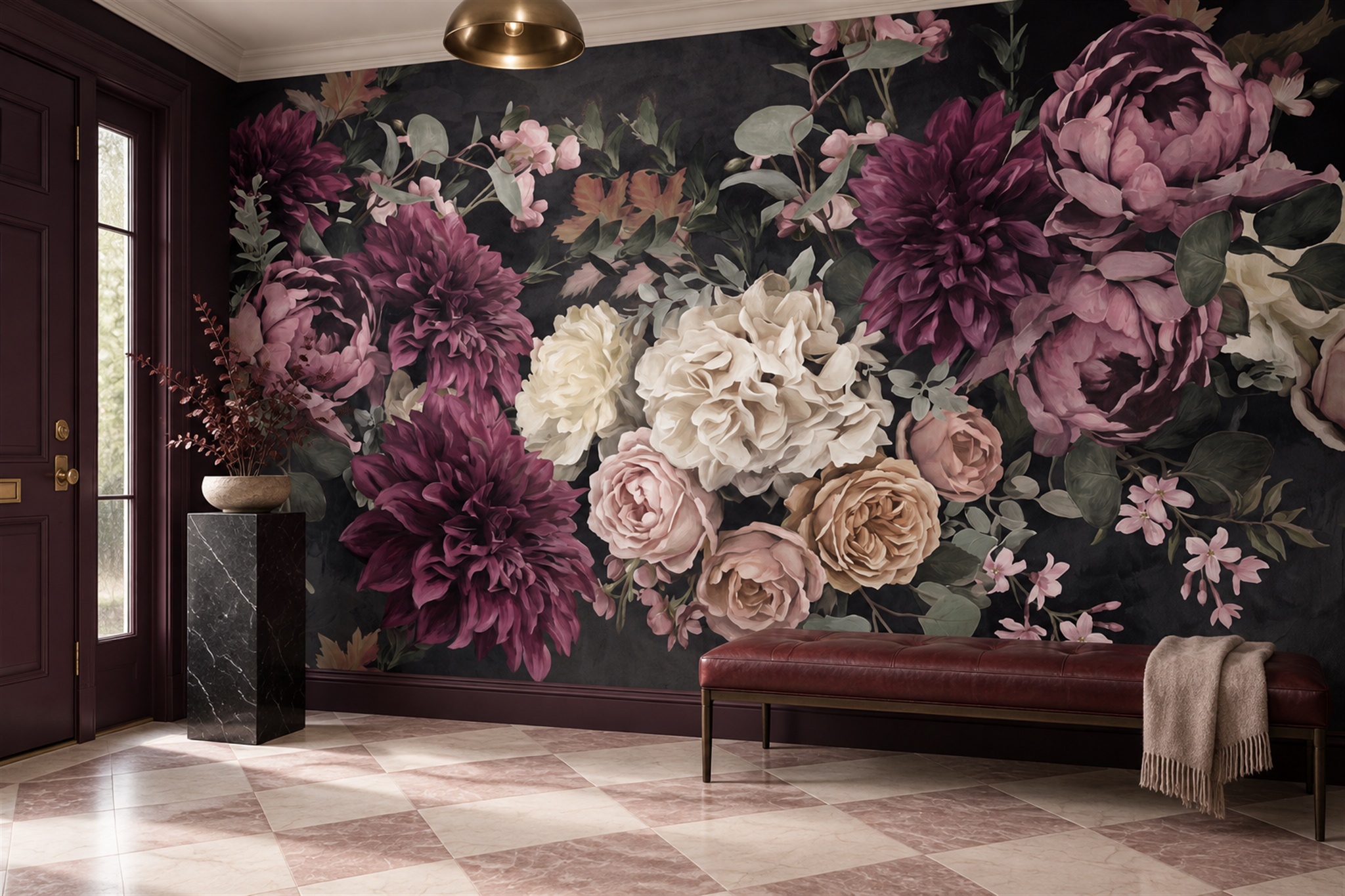 Neutral Bouquet Botanical Painterly Wallpaper Mural Entryway-wallpaper-murals, Peel-and-stick Finish