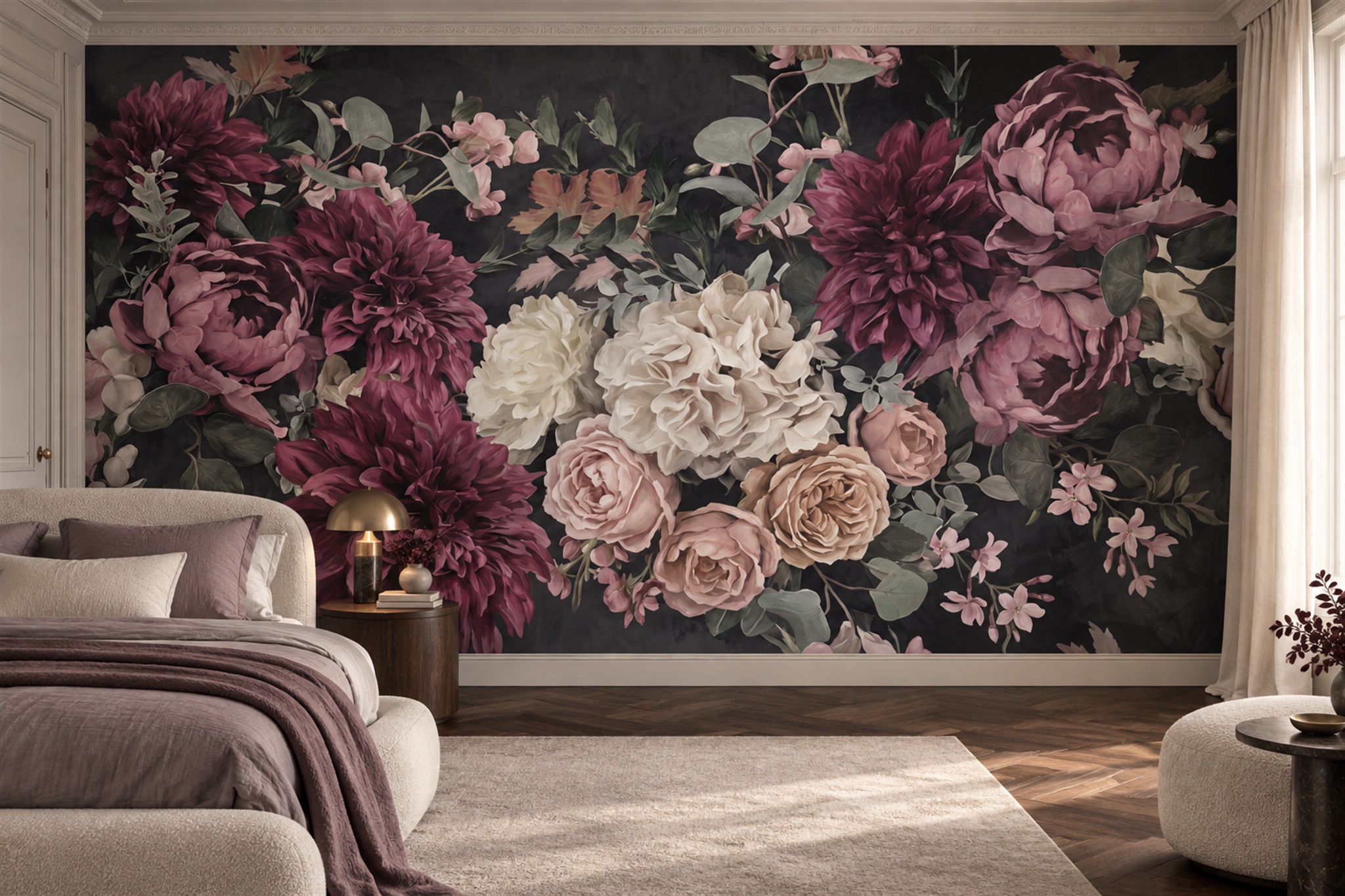 Neutral Bouquet Botanical Painterly Wallpaper Mural Bedroom-wallpaper-murals, Peel-and-stick Finish