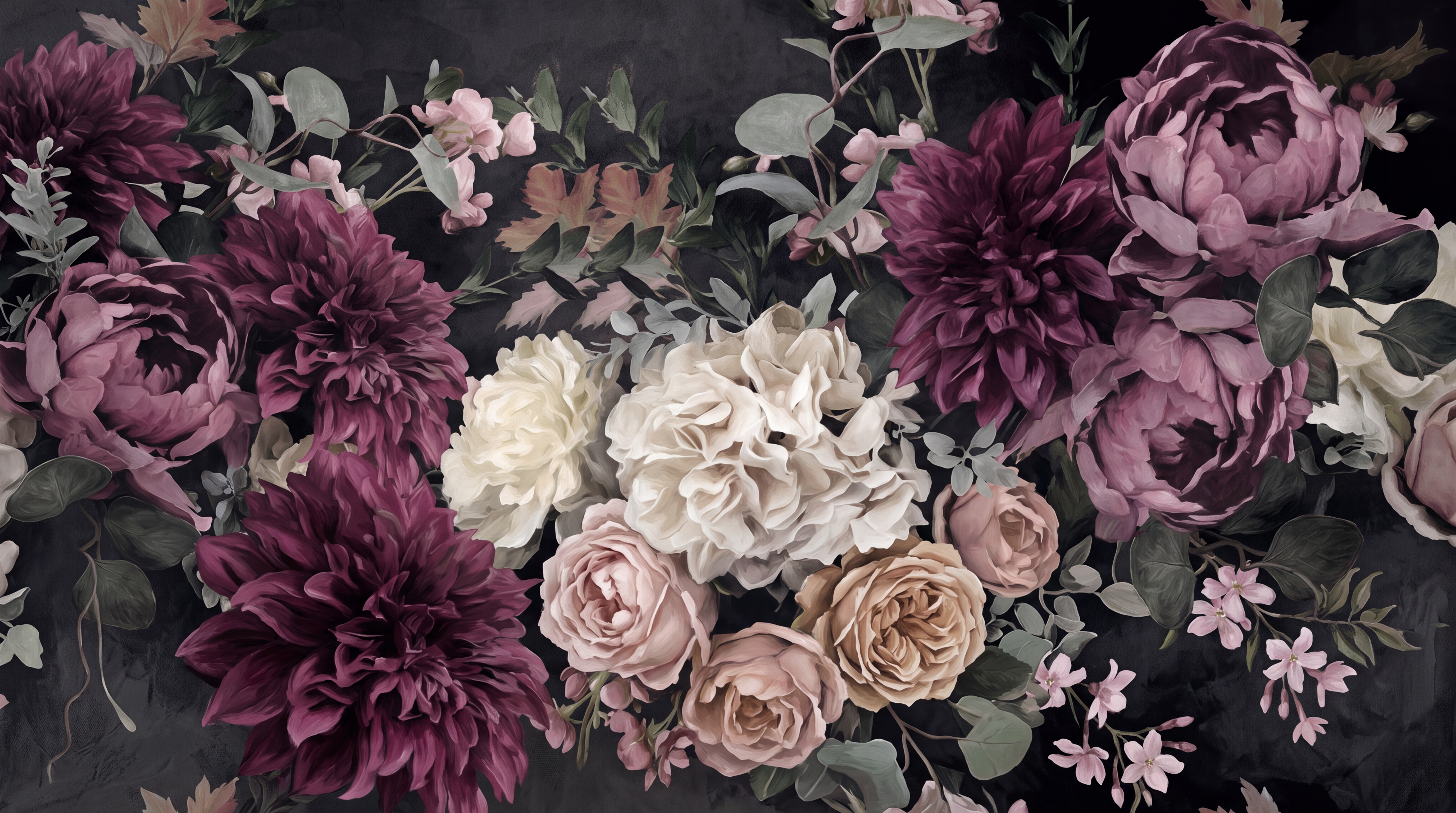 Neutral Bouquet Botanical Painterly Wallpaper Mural Dining-room-wallpaper-murals, Peel-and-stick Finish