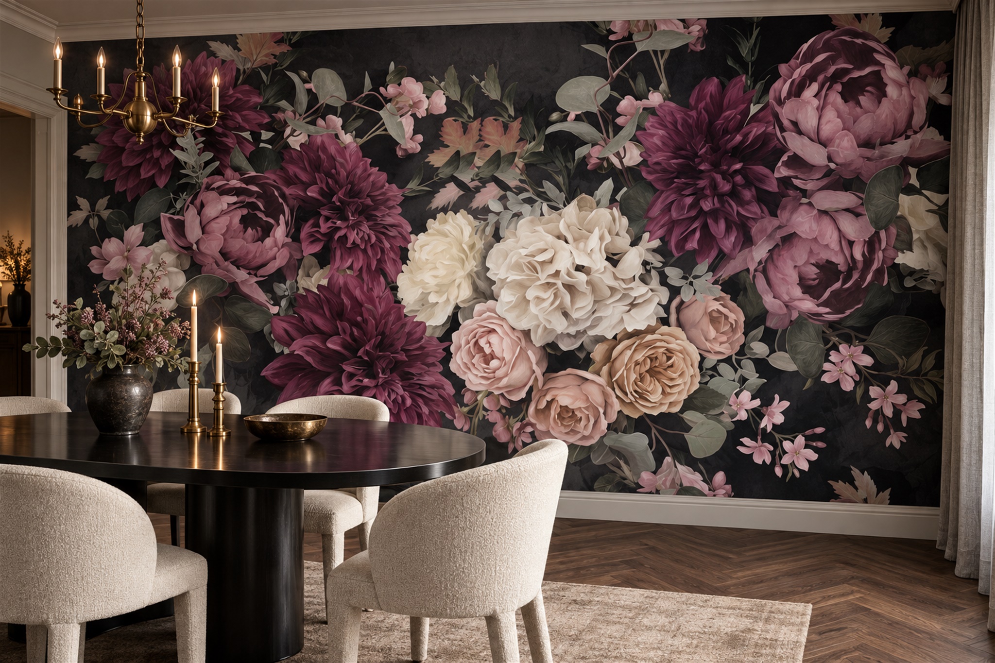 Neutral Bouquet Botanical Painterly Wallpaper Mural Dining-room-wallpaper-murals, Peel-and-stick Finish