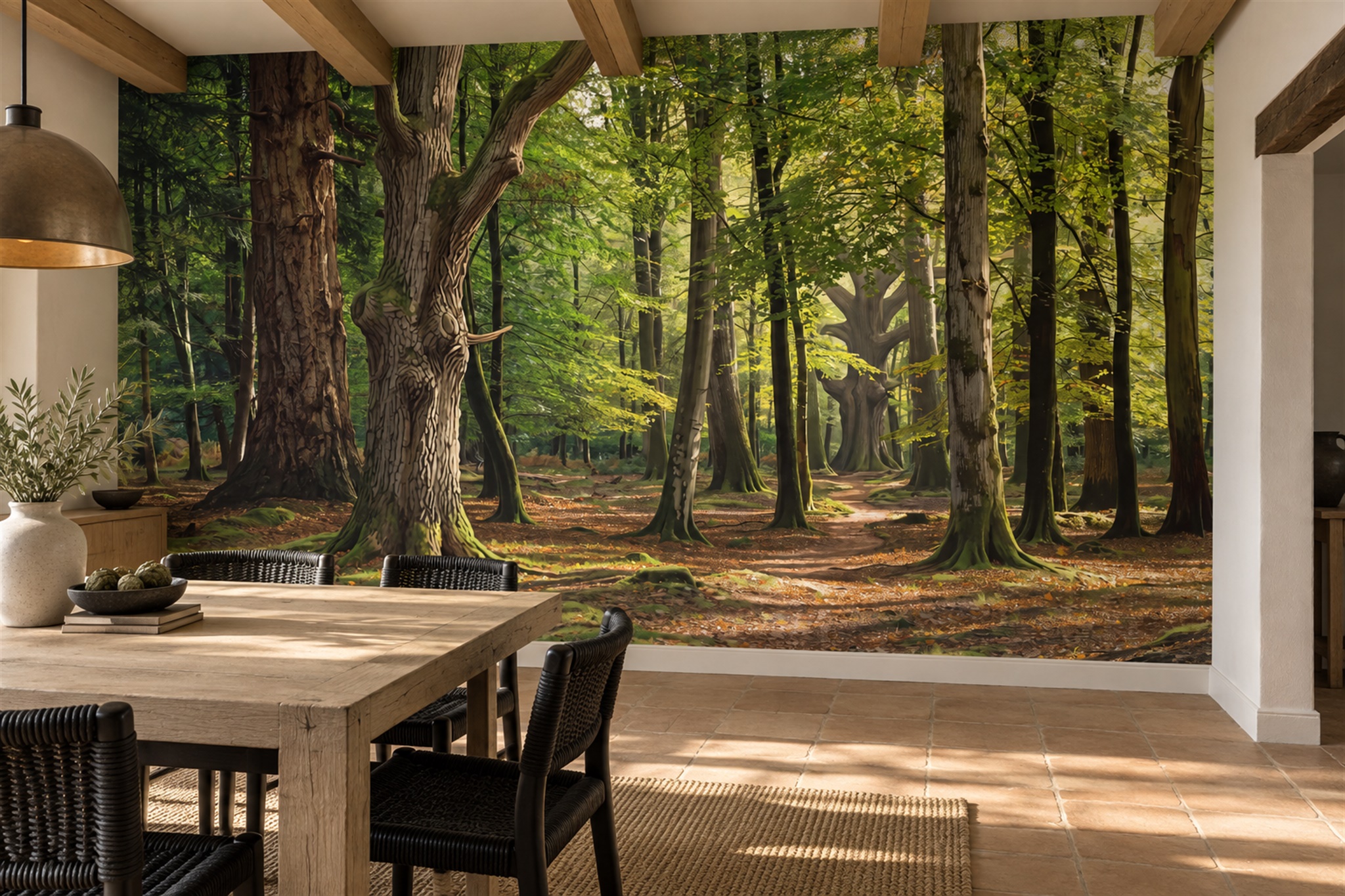Green Forest Scenic Atmospheric Wallpaper Mural Dining-room-wallpaper-murals, Shown In A Dining Room, Peel-and-stick Finish
