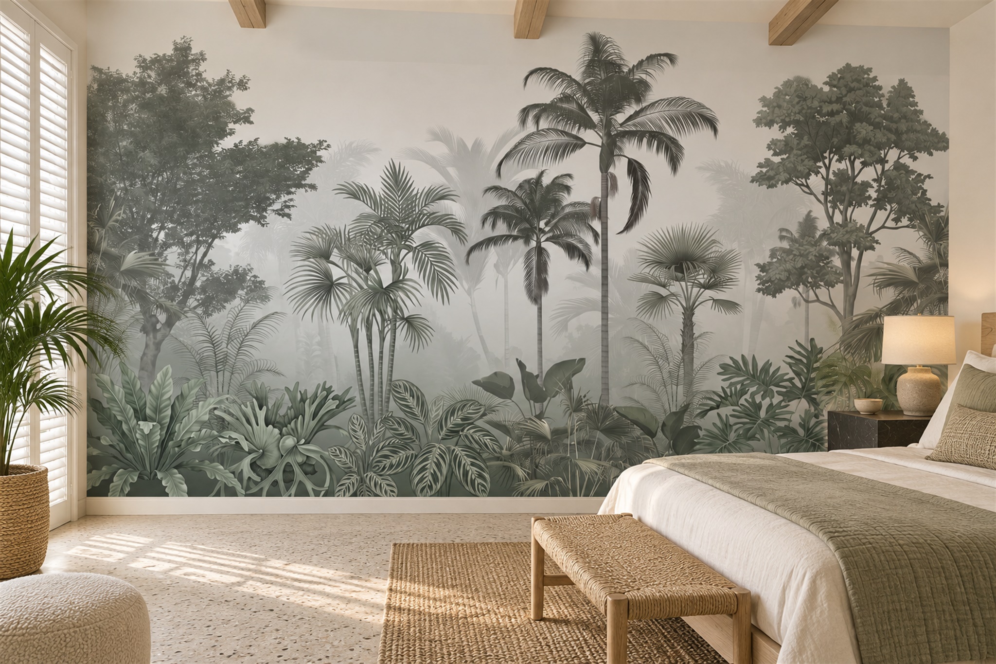 Grey Palm Artful Layered Wallpaper Mural Bedroom-wallpaper-murals, Peel-and-stick Finish