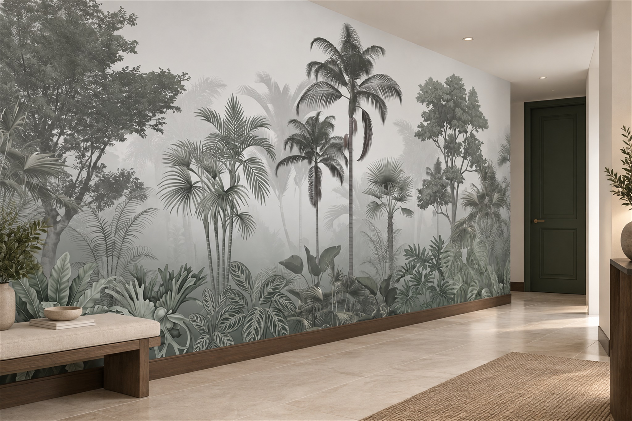 Grey Palm Artful Layered Wallpaper Mural Hallway-wallpaper-murals, Peel-and-stick Finish