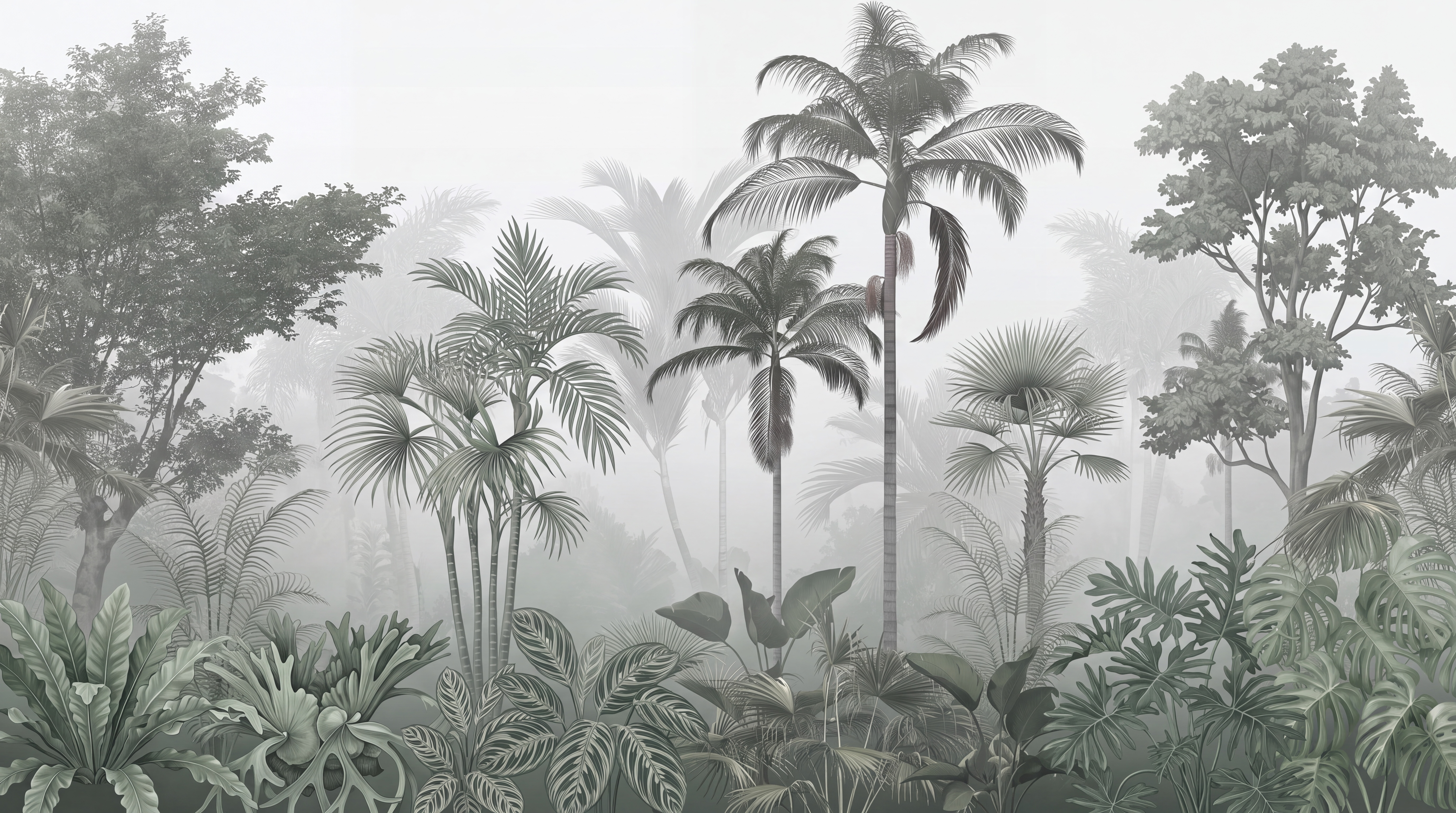 Grey Palm Artful Layered Wallpaper Mural Bedroom-wallpaper-murals, Peel-and-stick Finish