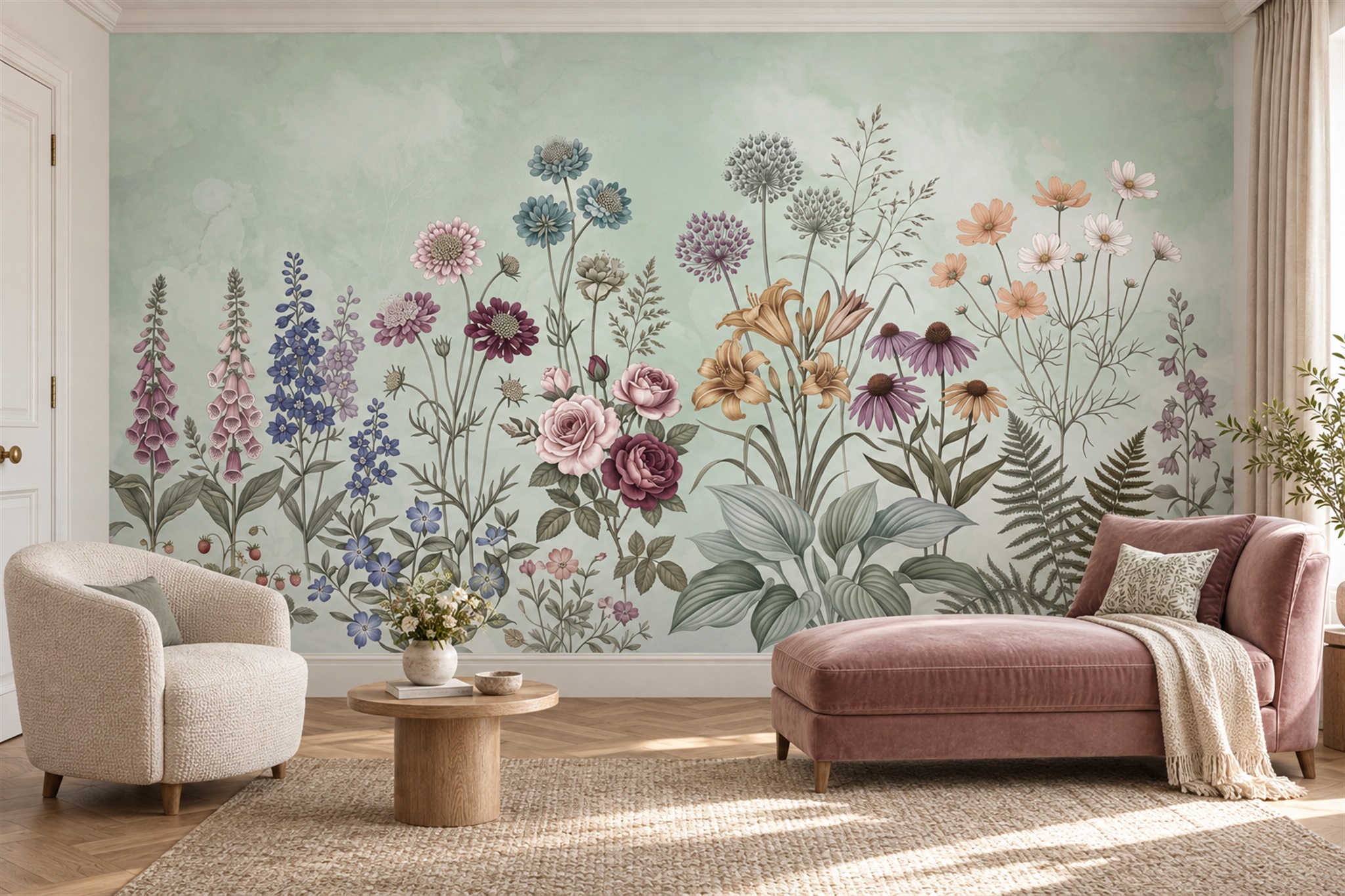 Mint Meadow Wildflower Watercolour Wallpaper Mural — Installed Wallpaper Mural In A Bedroom, Peel-and-stick Finish