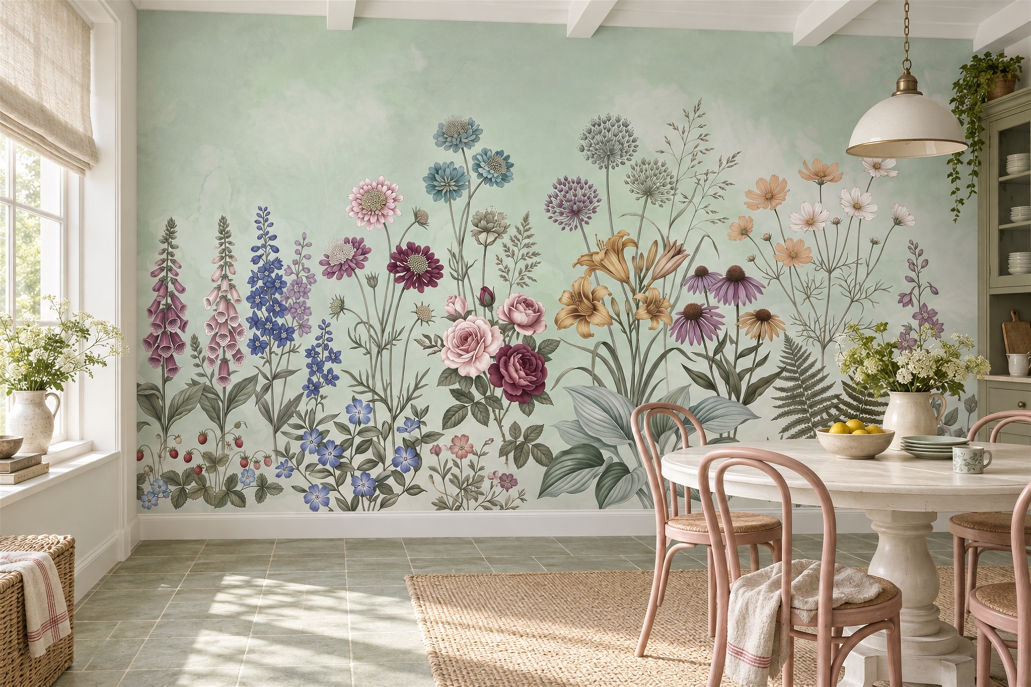 Mint Meadow Scenic Wallpaper Mural Dining-room-wallpaper-murals, Shown In A Dining Room, Peel-and-stick Finish
