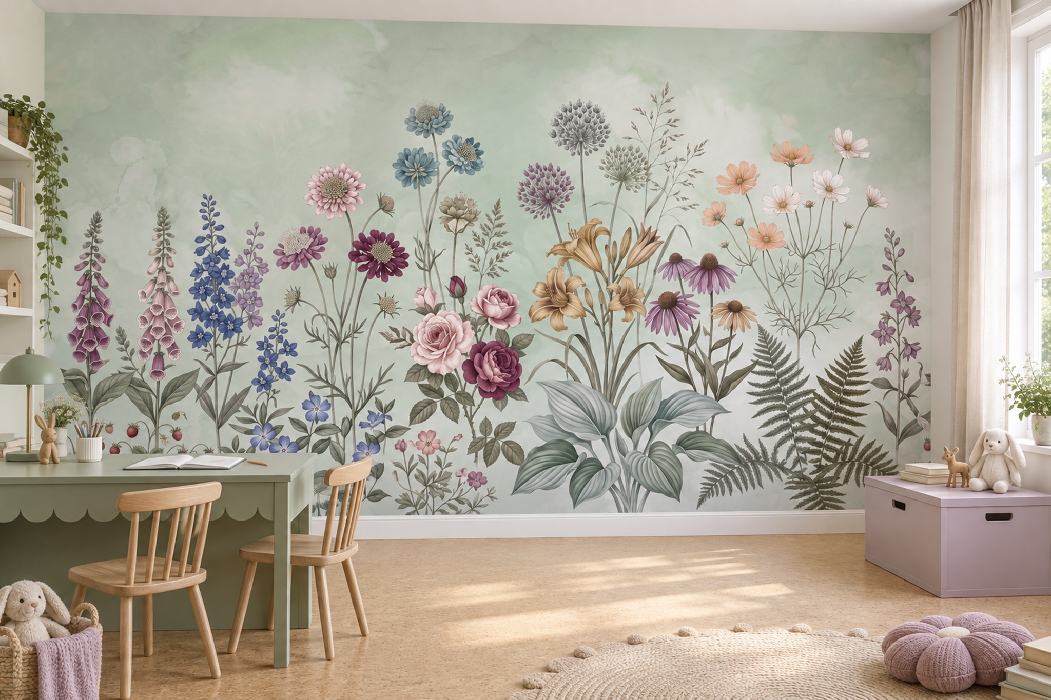 Mint Meadow Scenic Wallpaper Mural Home-office-wallpaper-murals, Shown In A Home Office, Peel-and-stick Finish