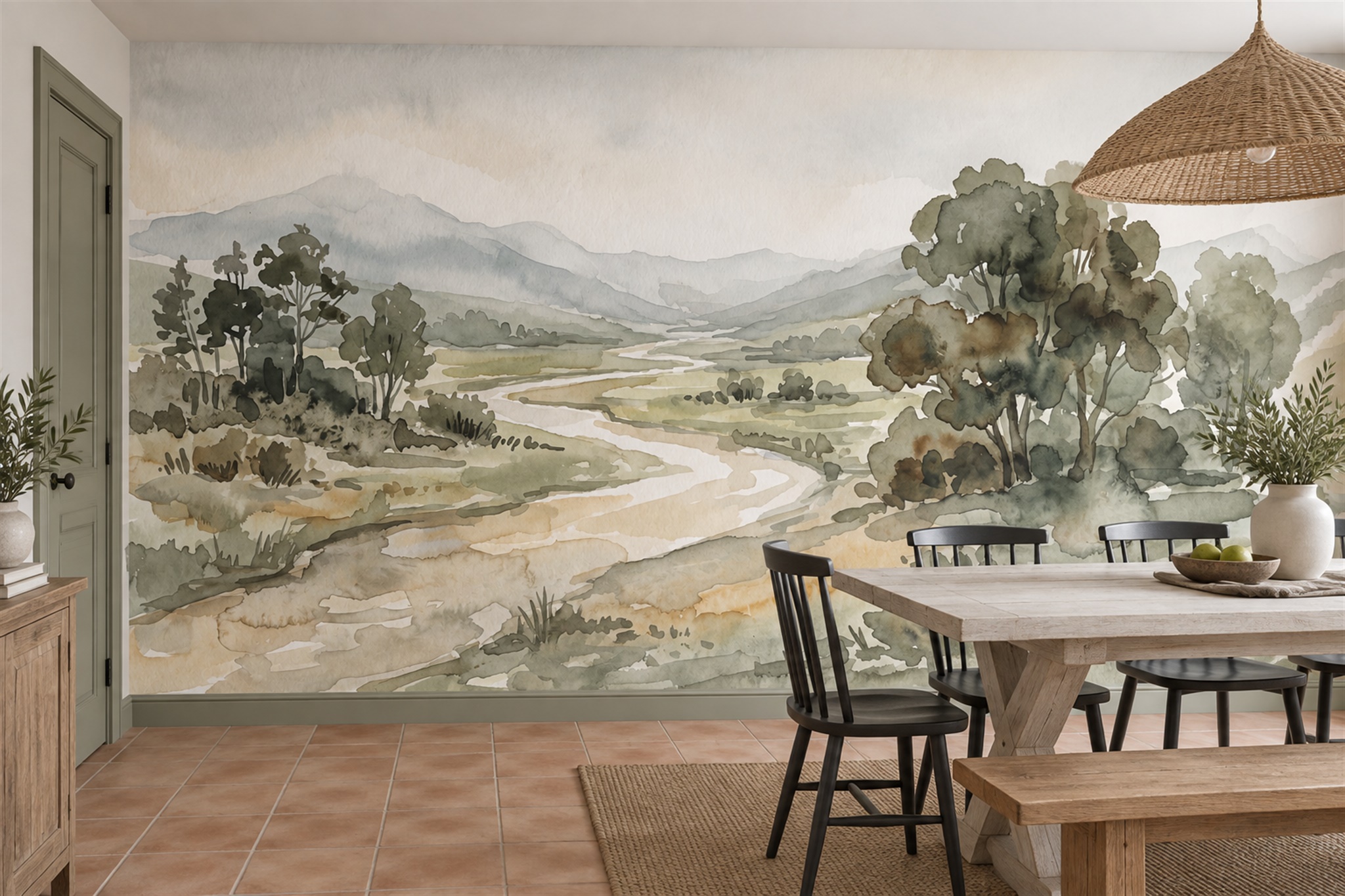 Olive River Scenic Layered Wallpaper Mural Dining-room-wallpaper-murals, Shown In A Dining Room, Peel-and-stick Finish