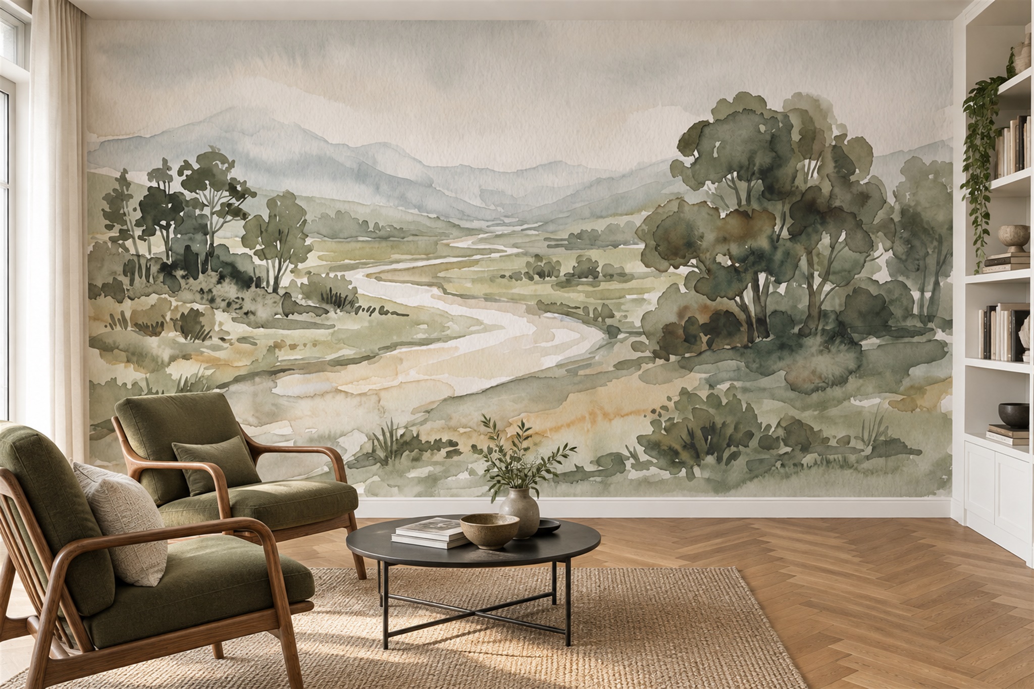 Meandering River Through A Green Valley Wallpaper Mural — Wallpaper Mural Design, Peel-and-stick Finish