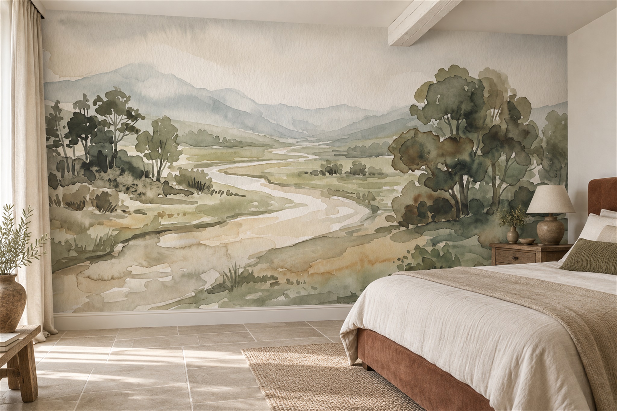 Olive River Scenic Layered Wallpaper Mural Home-office-wallpaper-murals, Peel-and-stick Finish