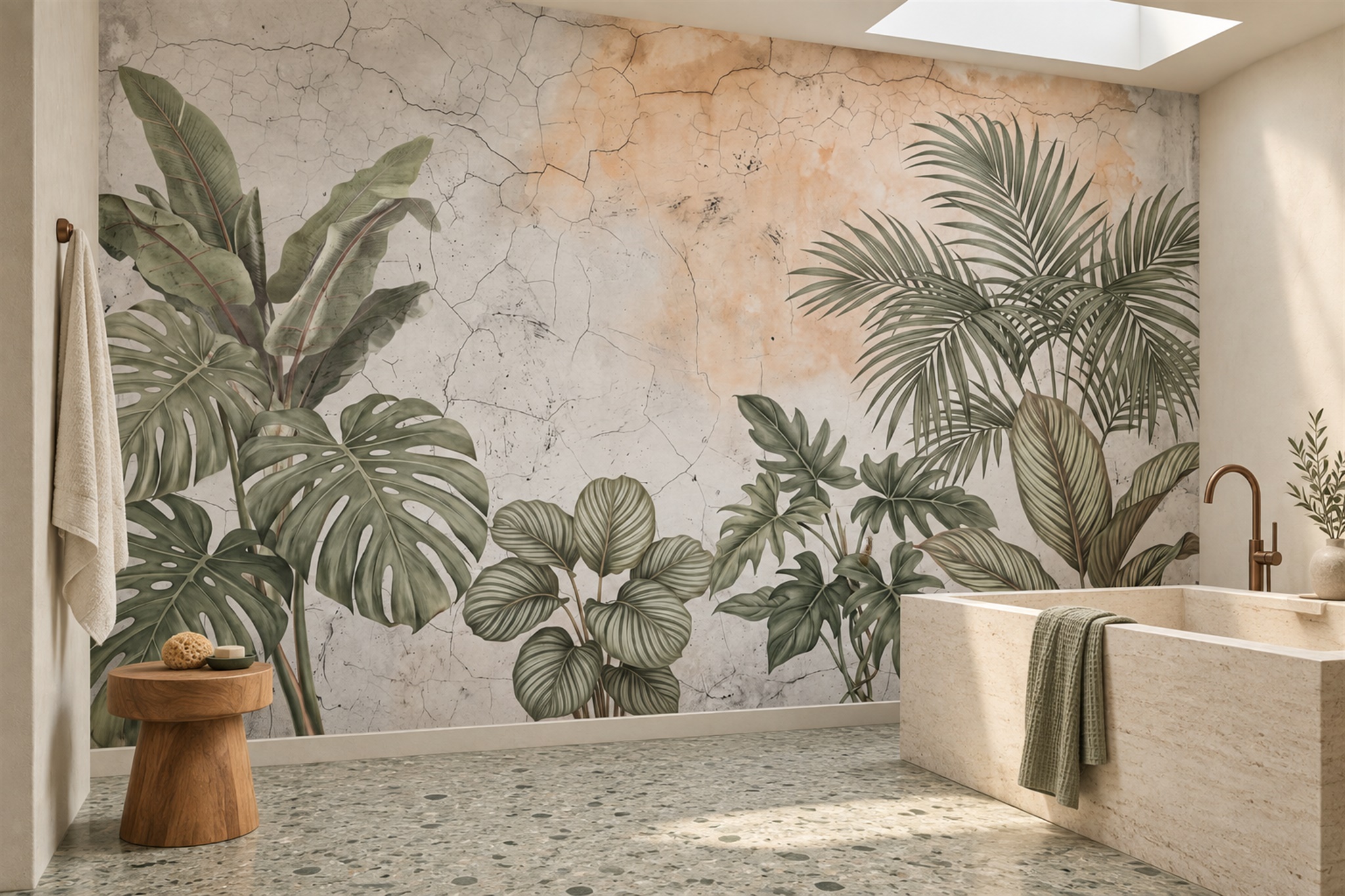 Sage Leaf Botanical Atmospheric Wallpaper Mural Bathroom-wallpaper-murals, Peel-and-stick Finish