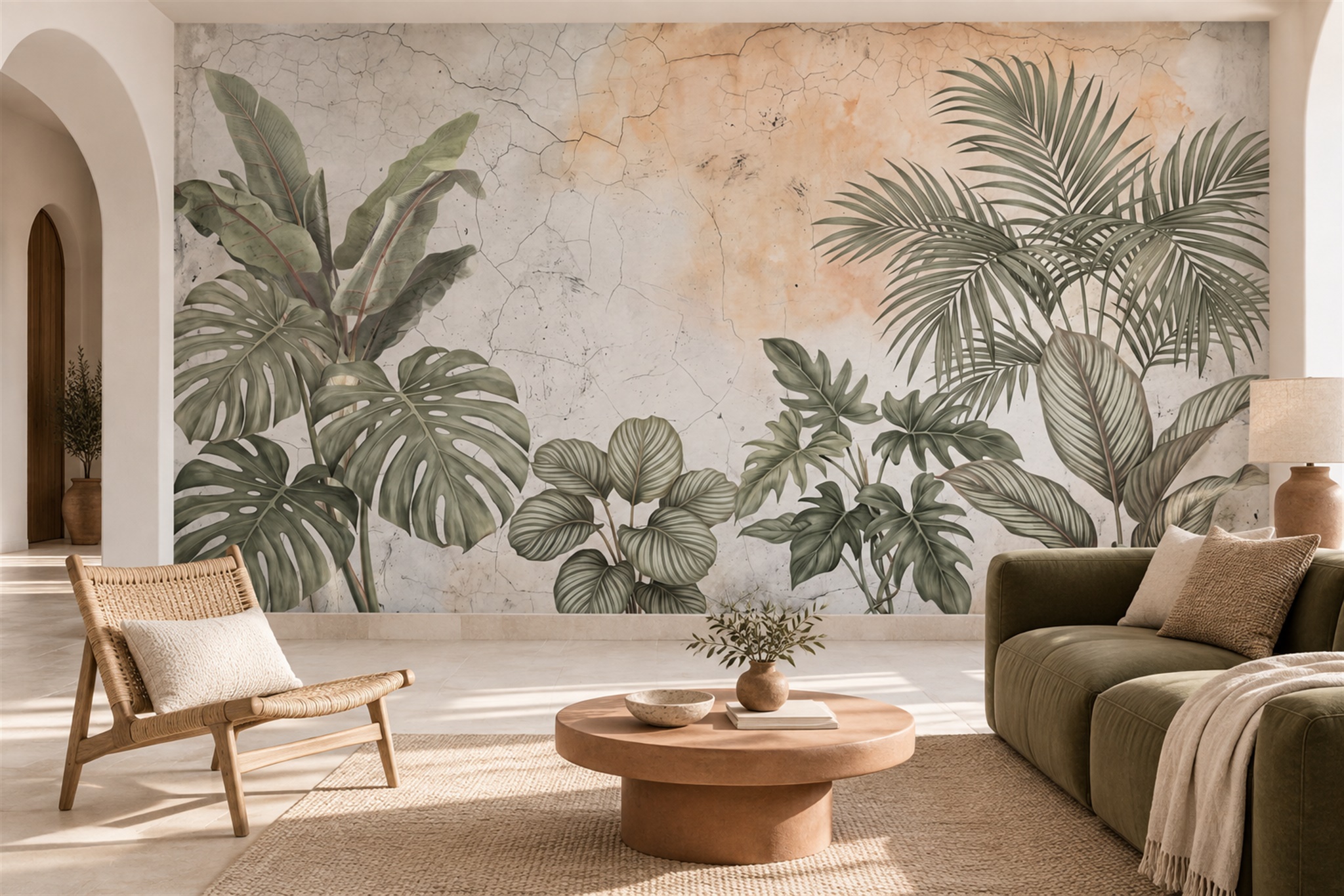 Sage Leaf Botanical Atmospheric Wallpaper Mural Dining-room-wallpaper-murals, Peel-and-stick Finish