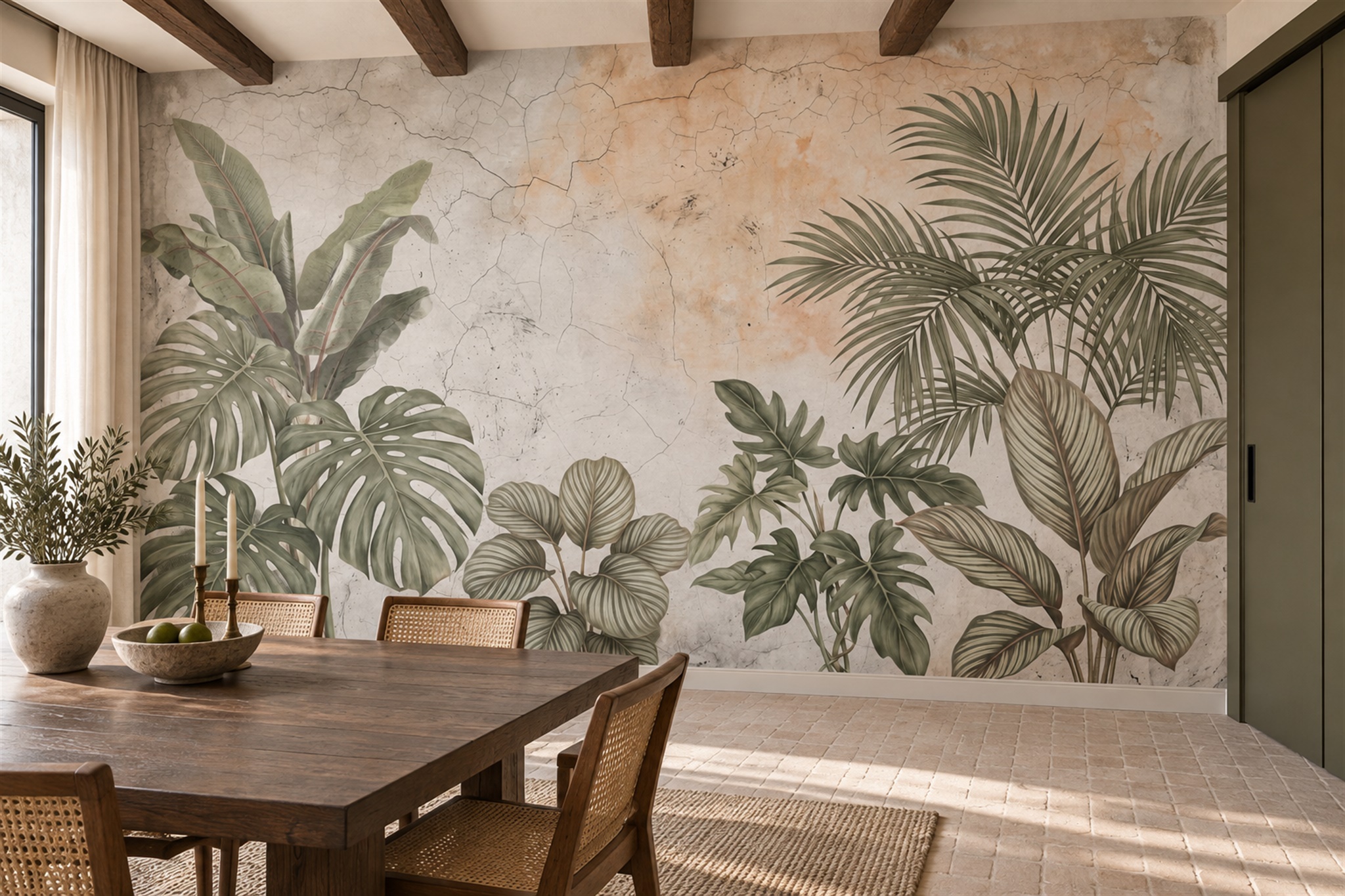 Sage Tropical Leaves On Textured Plaster Wallpaper Mural — Wallpaper Mural Design, Peel-and-stick Finish