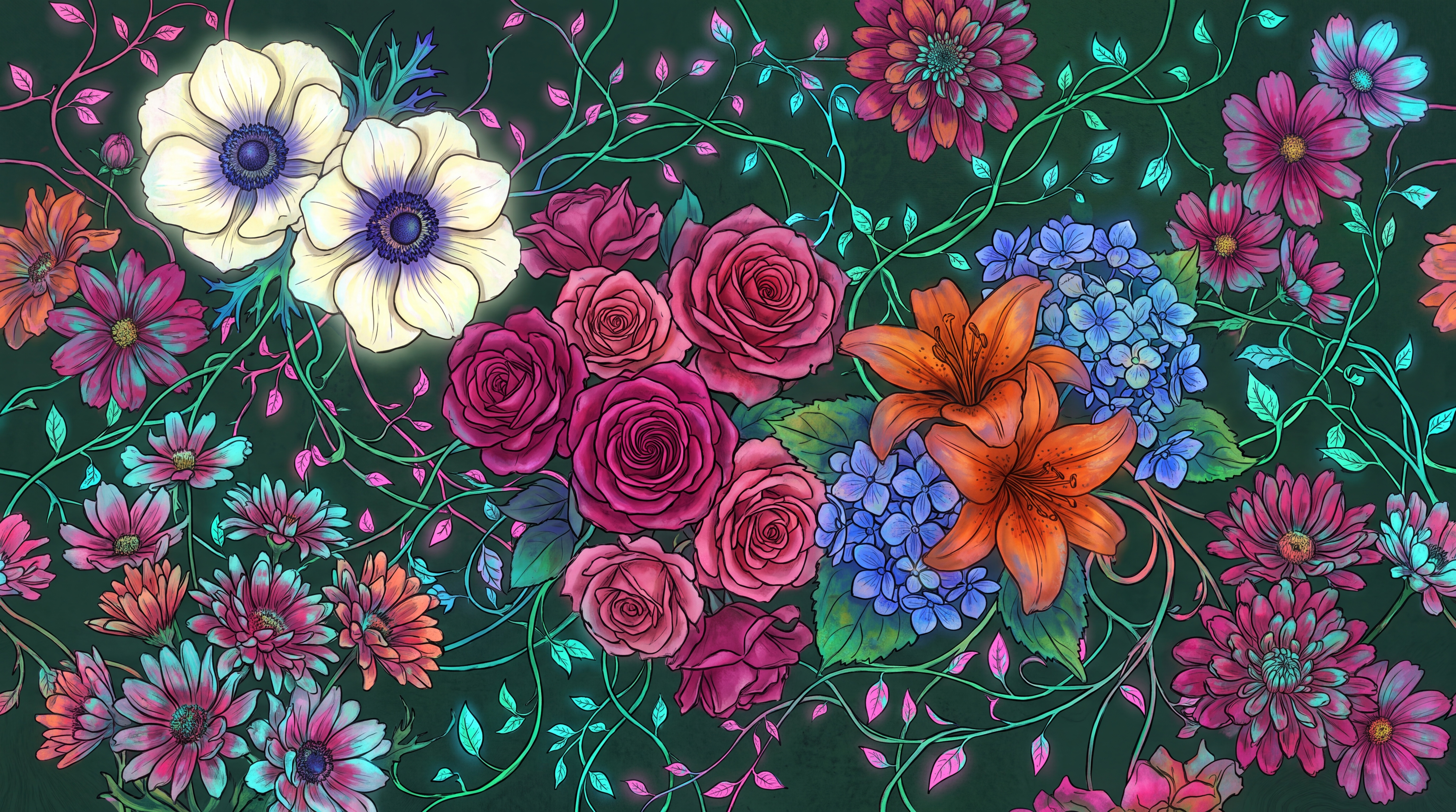 Teal Floral Botanical Textured Wallpaper Mural, Peel-and-stick Finish