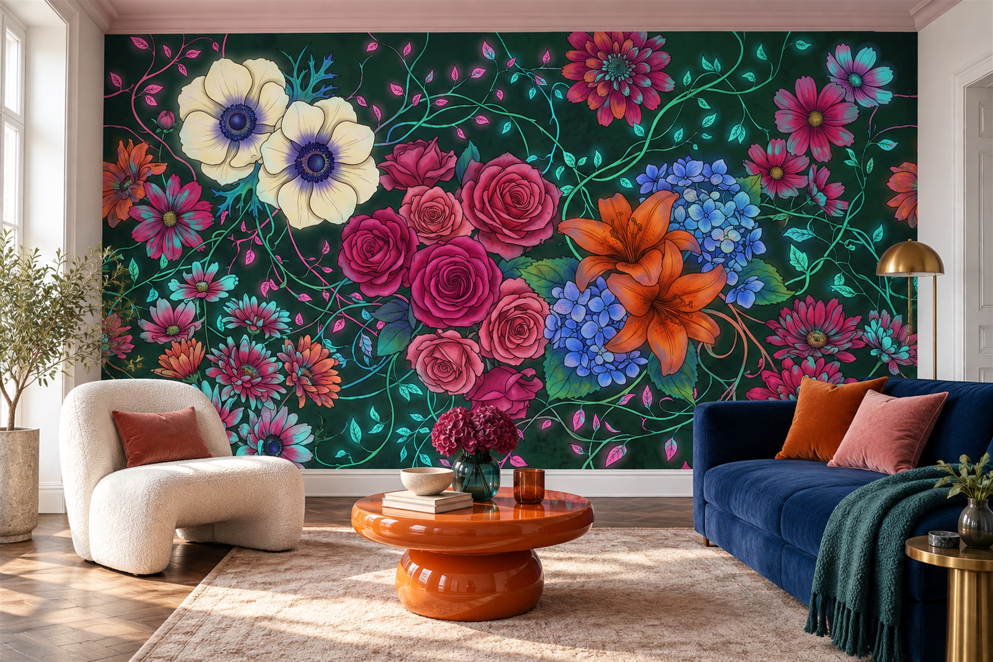 Vibrant Flowers On Teal Botanical Wallpaper Mural — Wallpaper Mural Design, Peel-and-stick Finish
