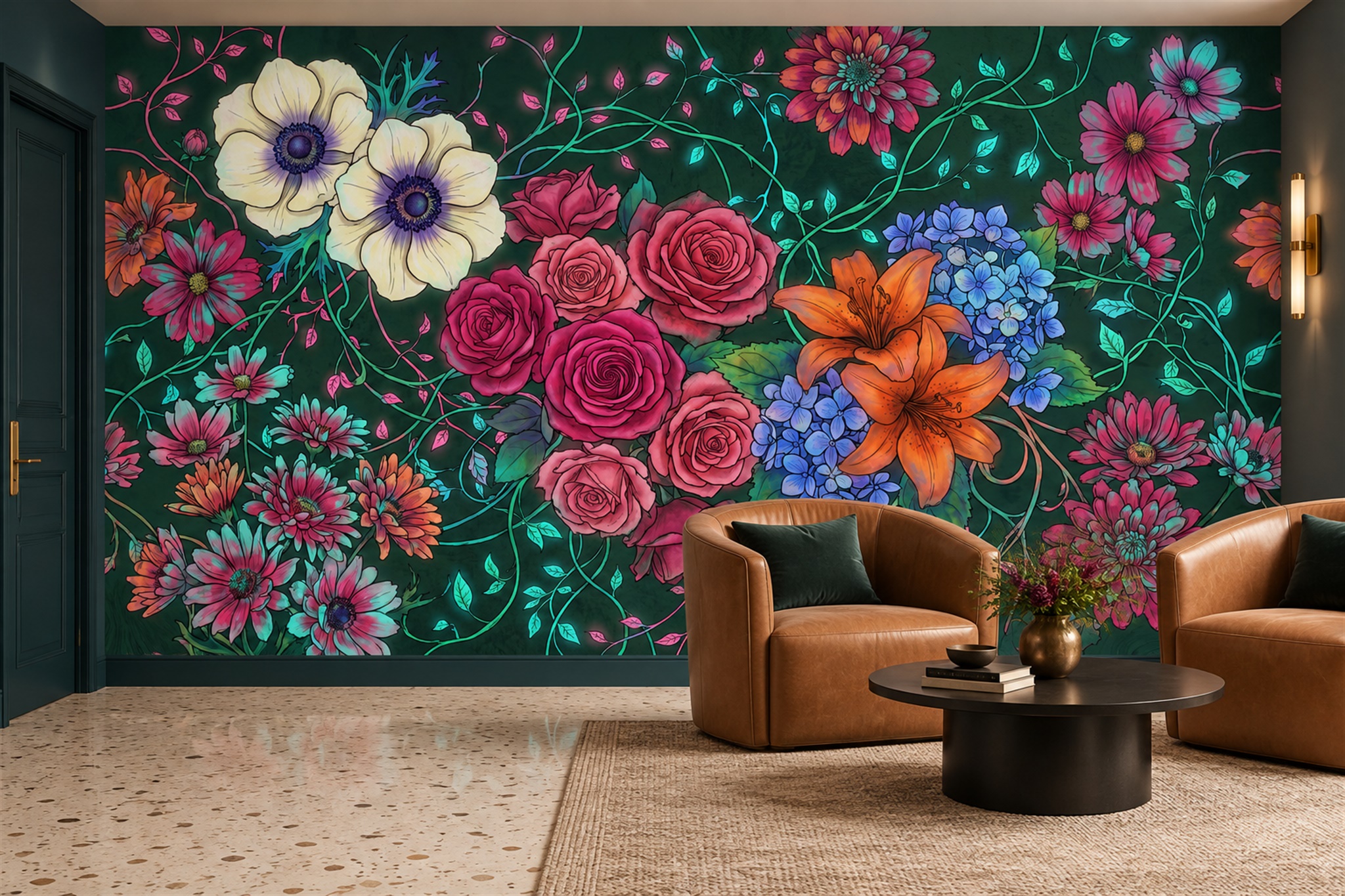 Teal Floral Botanical Textured Wallpaper Mural Living-room-wallpaper-murals, Peel-and-stick Finish