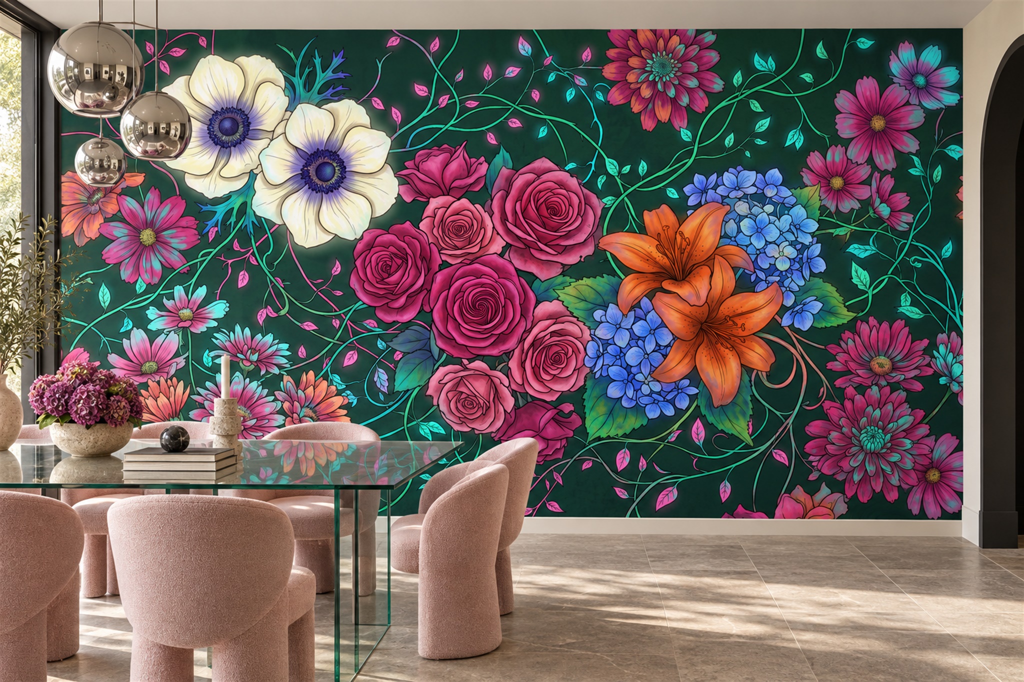 Teal Floral Botanical Textured Wallpaper Mural Accent-wall-wallpaper-murals, Peel-and-stick Finish