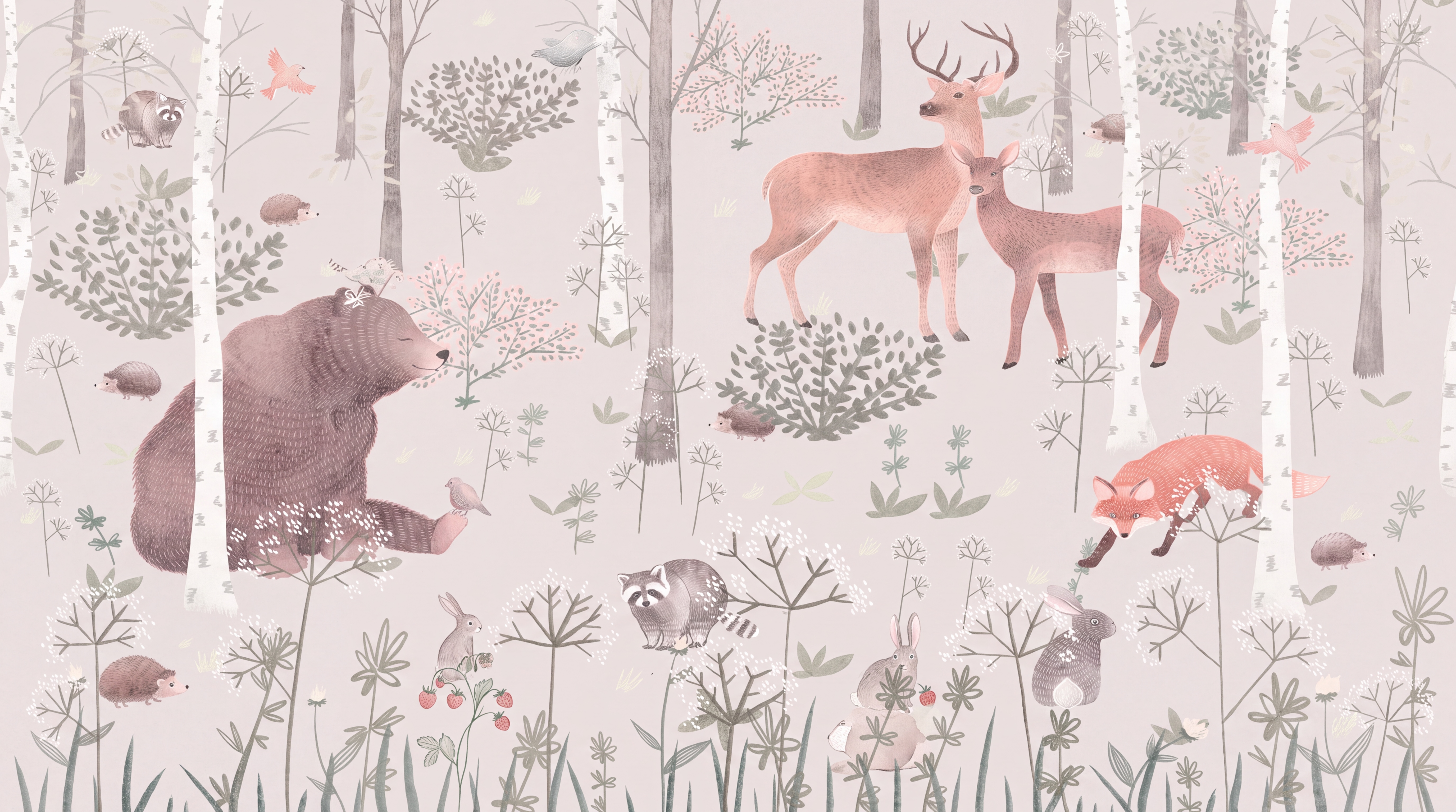 Blush Woodland Scenic Watercolour Wallpaper Mural, Peel-and-stick Finish