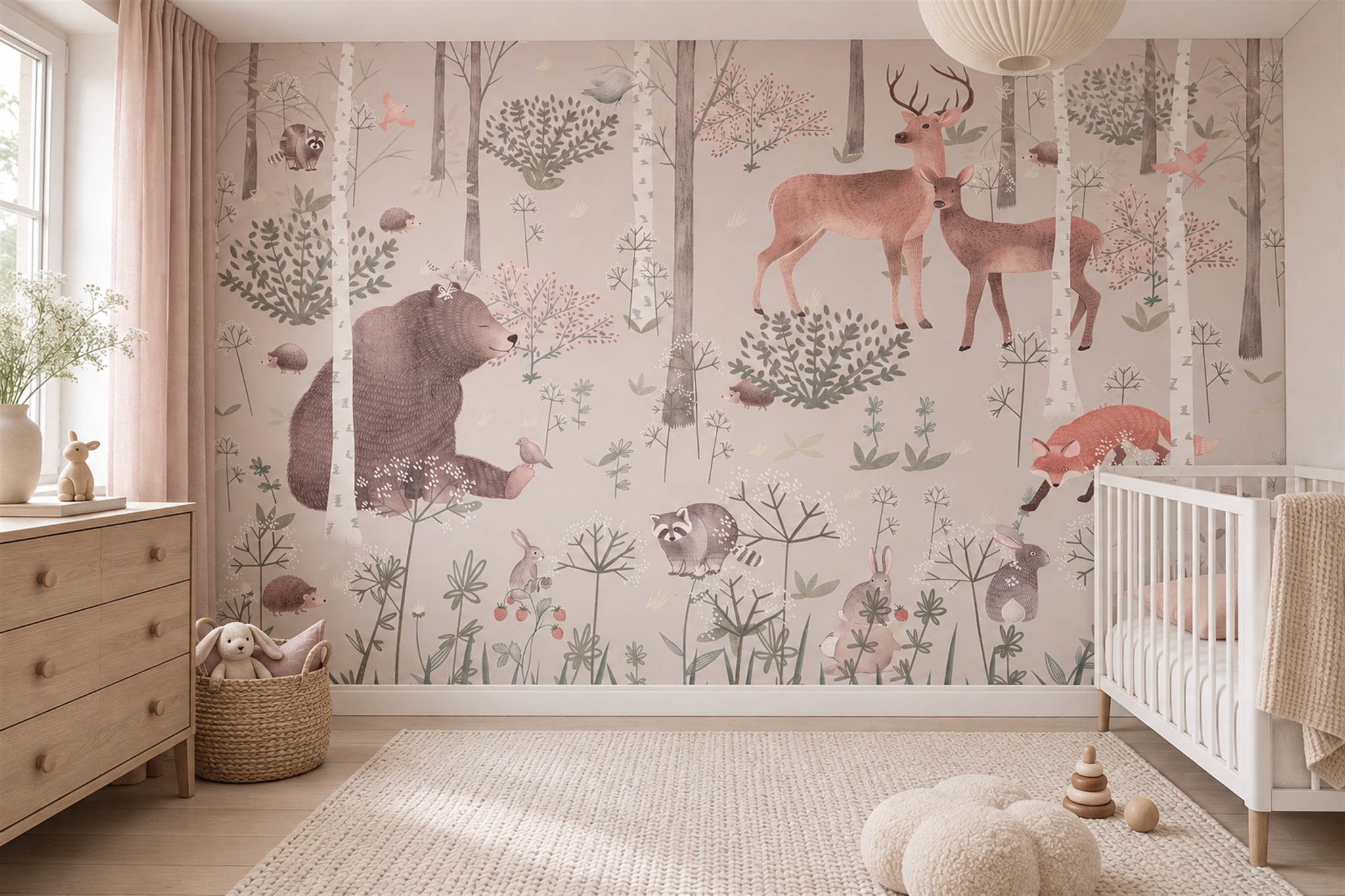 Blush Woodland Scenic Watercolour Wallpaper Mural Nursery-wallpaper-murals, Peel-and-stick Finish