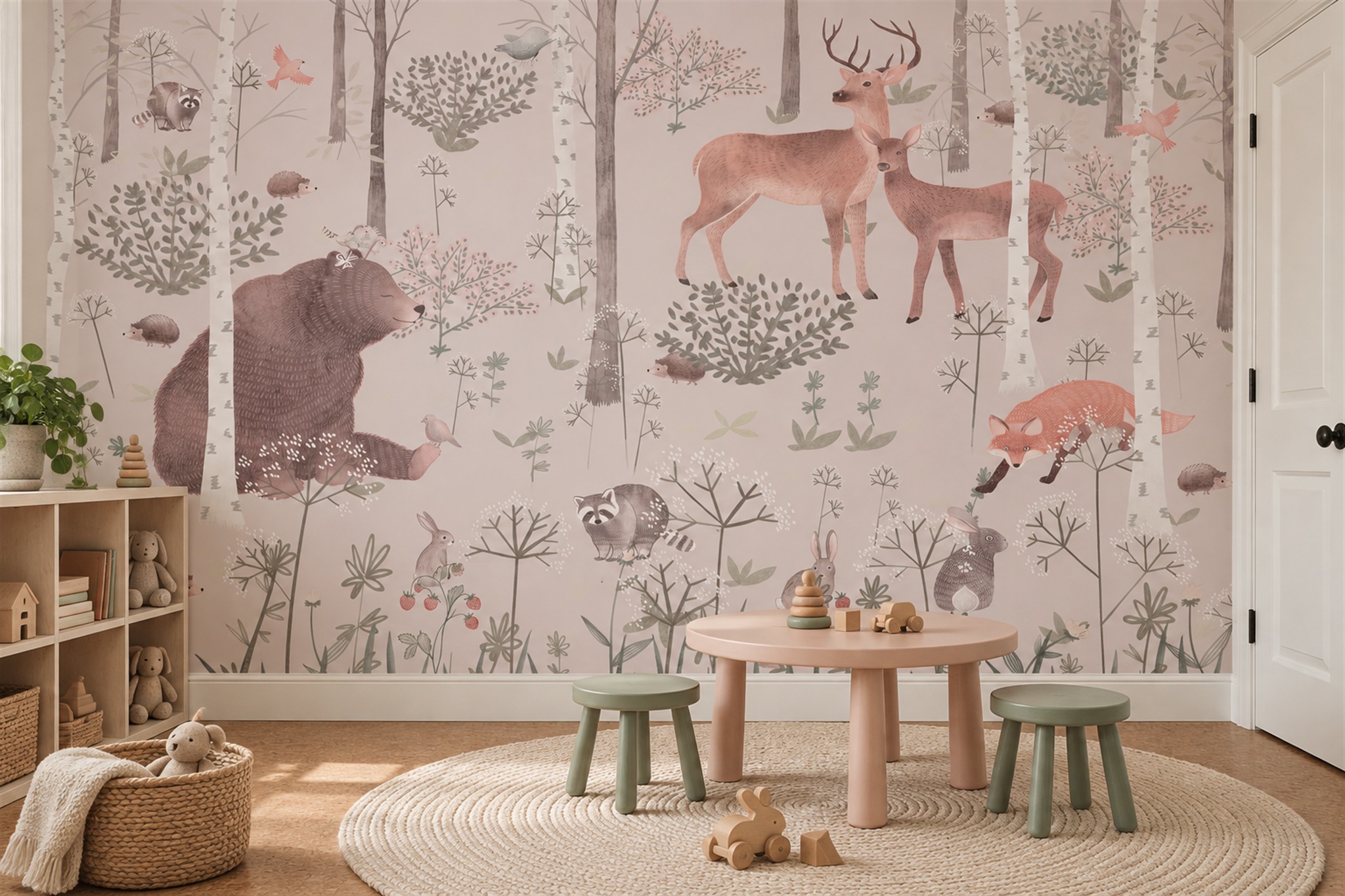 Blush Woodland Scenic Watercolour Wallpaper Mural Home-office-wallpaper-murals, Peel-and-stick Finish