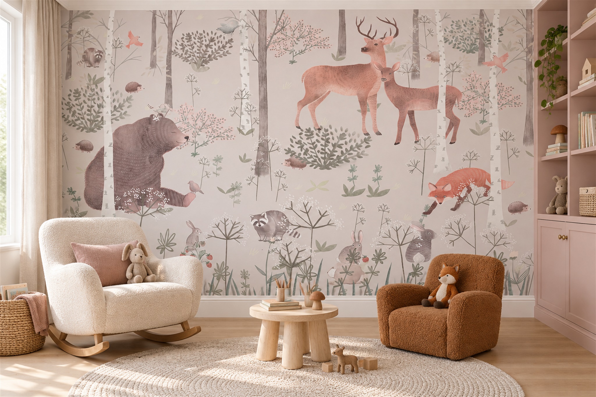 Blush Woodland Animals And Birch Trees Wallpaper Mural — Wallpaper Mural Design, Peel-and-stick Finish