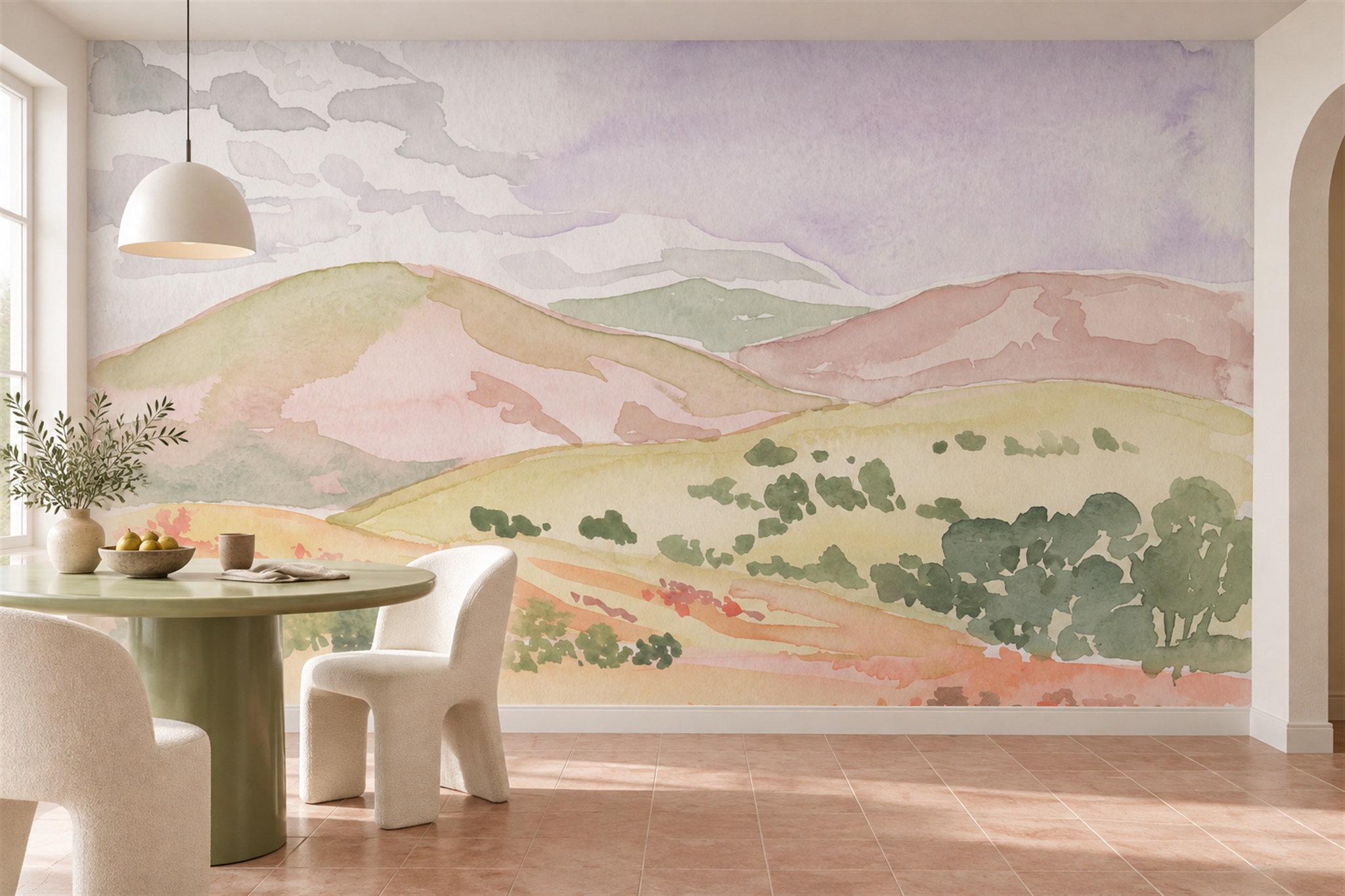Pink Hills Scenic Wallpaper Mural Dining-room-wallpaper-murals, Shown In A Dining Room, Peel-and-stick Finish