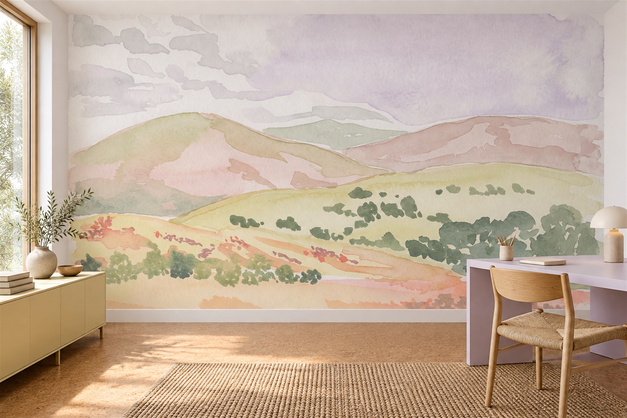 Pastel Rolling Hills Watercolour Wallpaper Mural — Wallpaper Mural Design, Peel-and-stick Finish