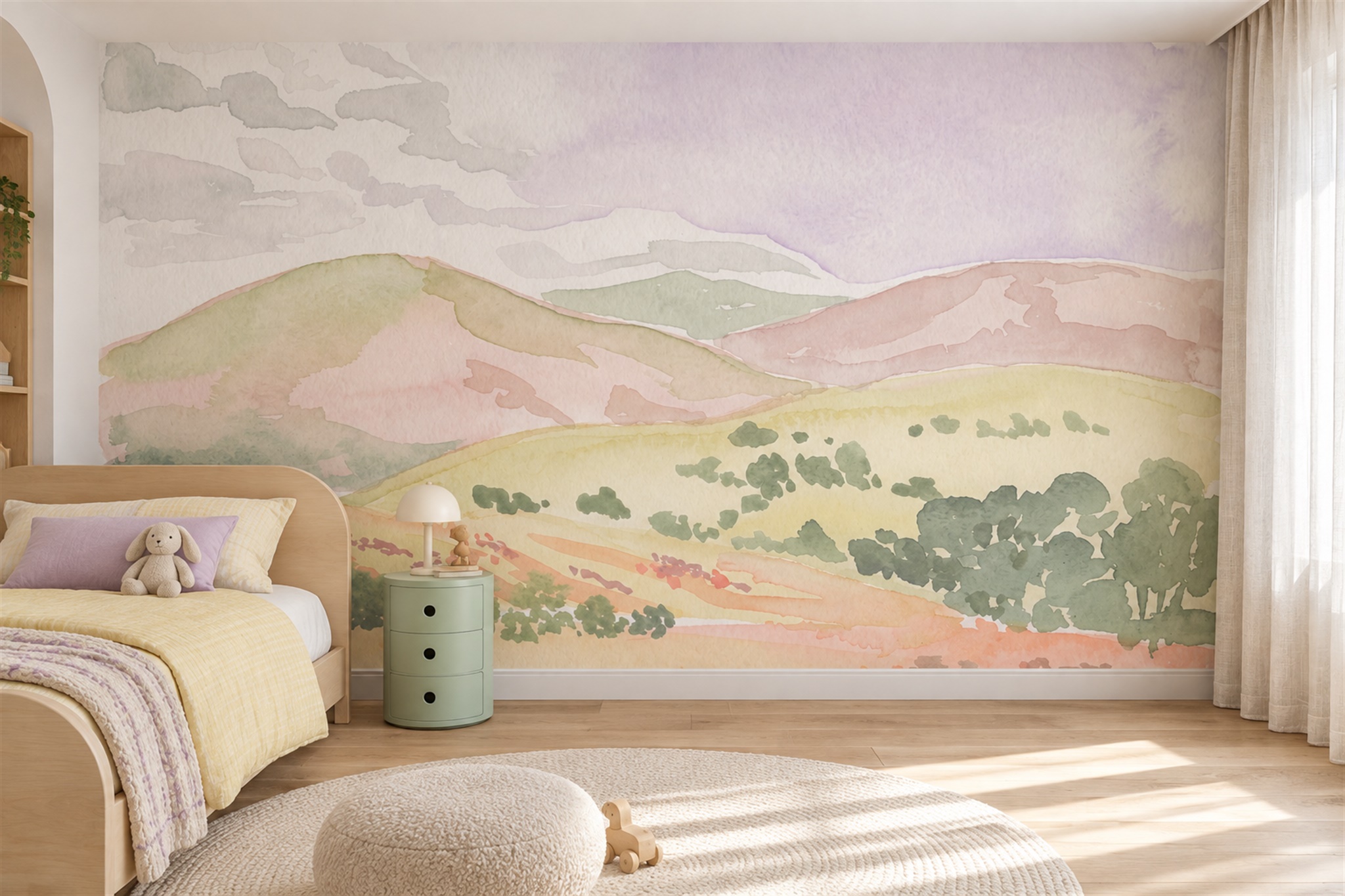 Pink Hills Scenic Wallpaper Mural Accent-wall-wallpaper-murals, Peel-and-stick Finish