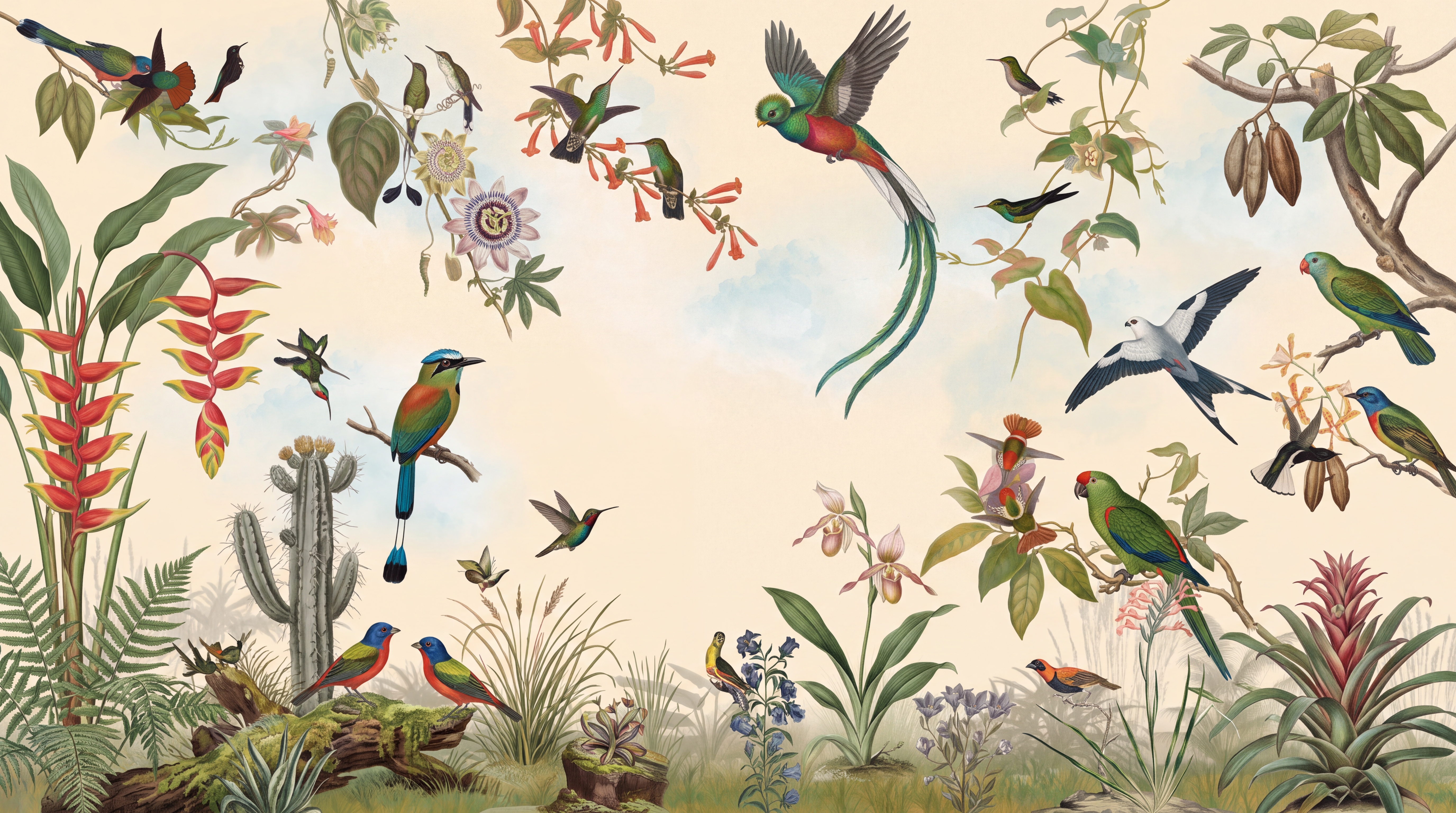 Green Botanical Botanical Bird Wallpaper Mural, Peel-and-stick Finish
