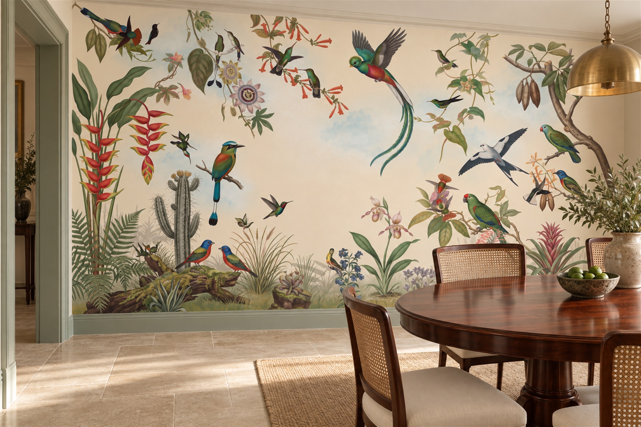 Green Botanical Botanical Bird Wallpaper Mural Dining-room-wallpaper-murals, Shown In A Dining Room, Peel-and-stick Finish