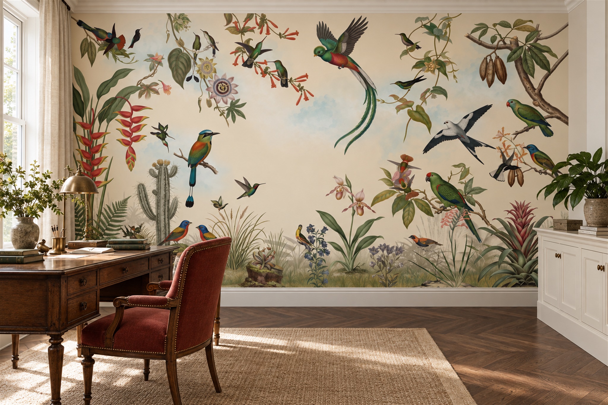 Green Botanical Botanical Bird Wallpaper Mural Home-office-wallpaper-murals, Shown In A Home Office, Peel-and-stick Finish