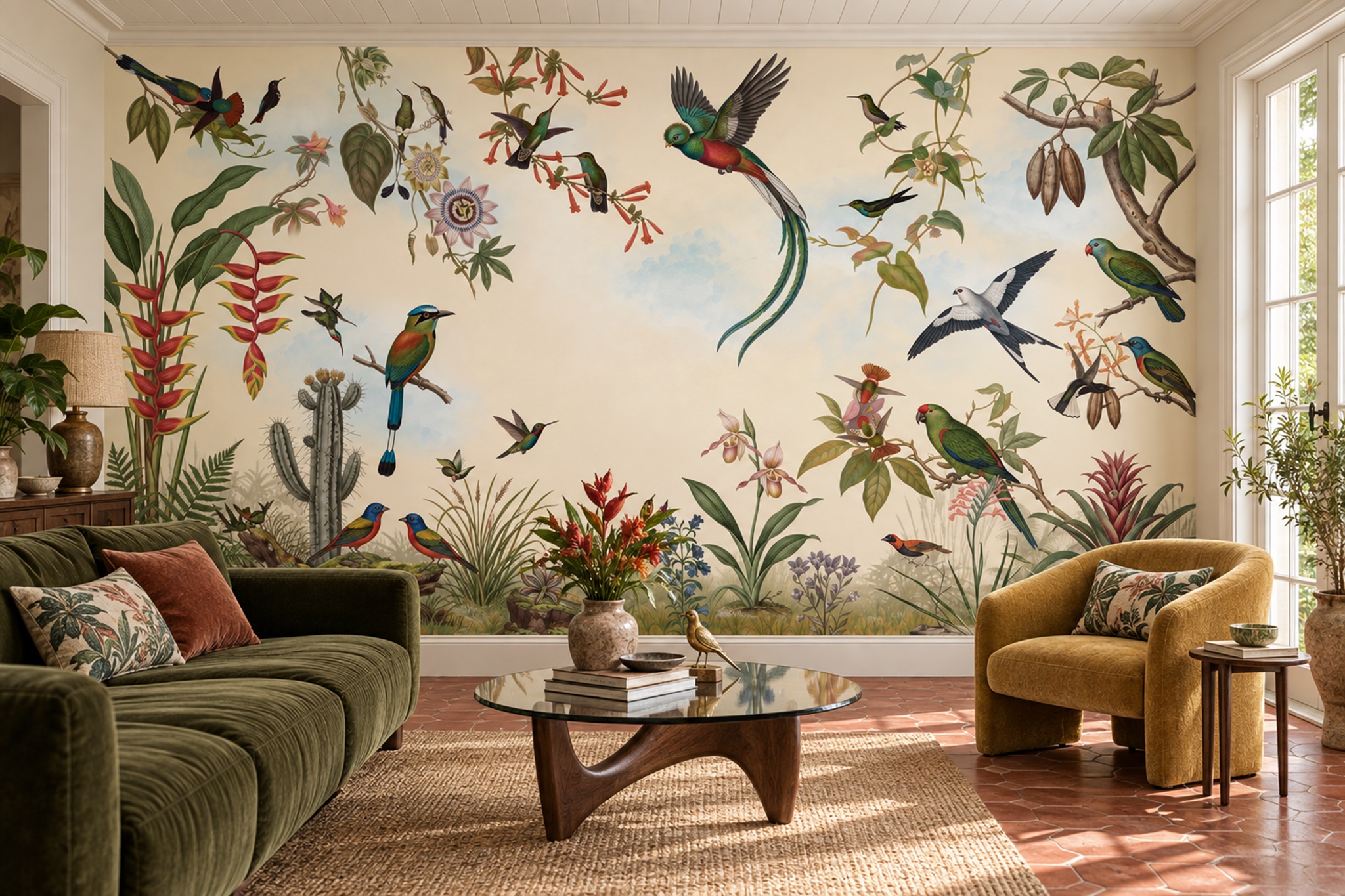 Tropical Birds And Flowering Vines Wallpaper Mural — Wallpaper Mural Design, Peel-and-stick Finish