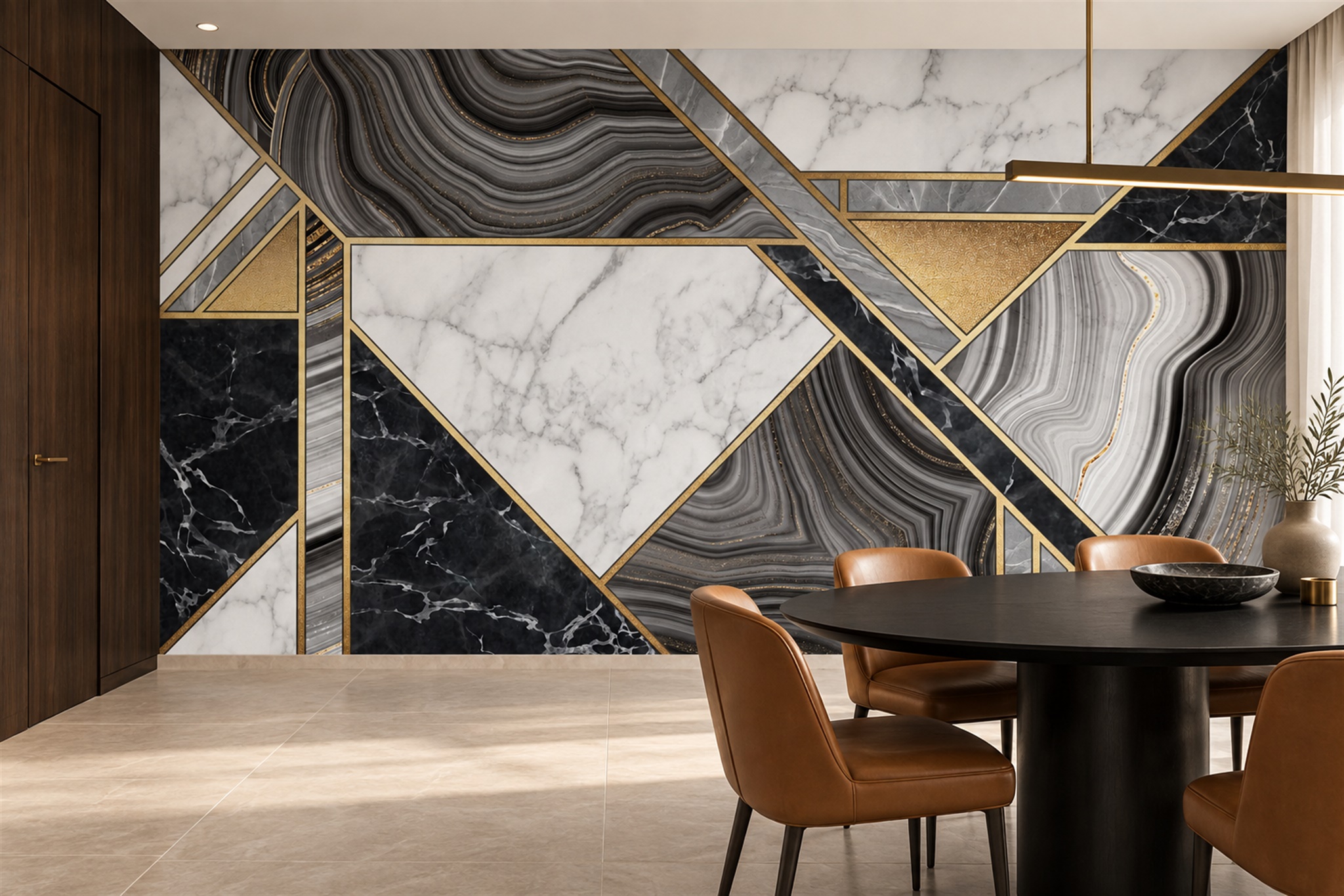 Grey Geometric Abstract Wallpaper Mural Dining-room-wallpaper-murals, Shown In A Dining Room, Peel-and-stick Finish
