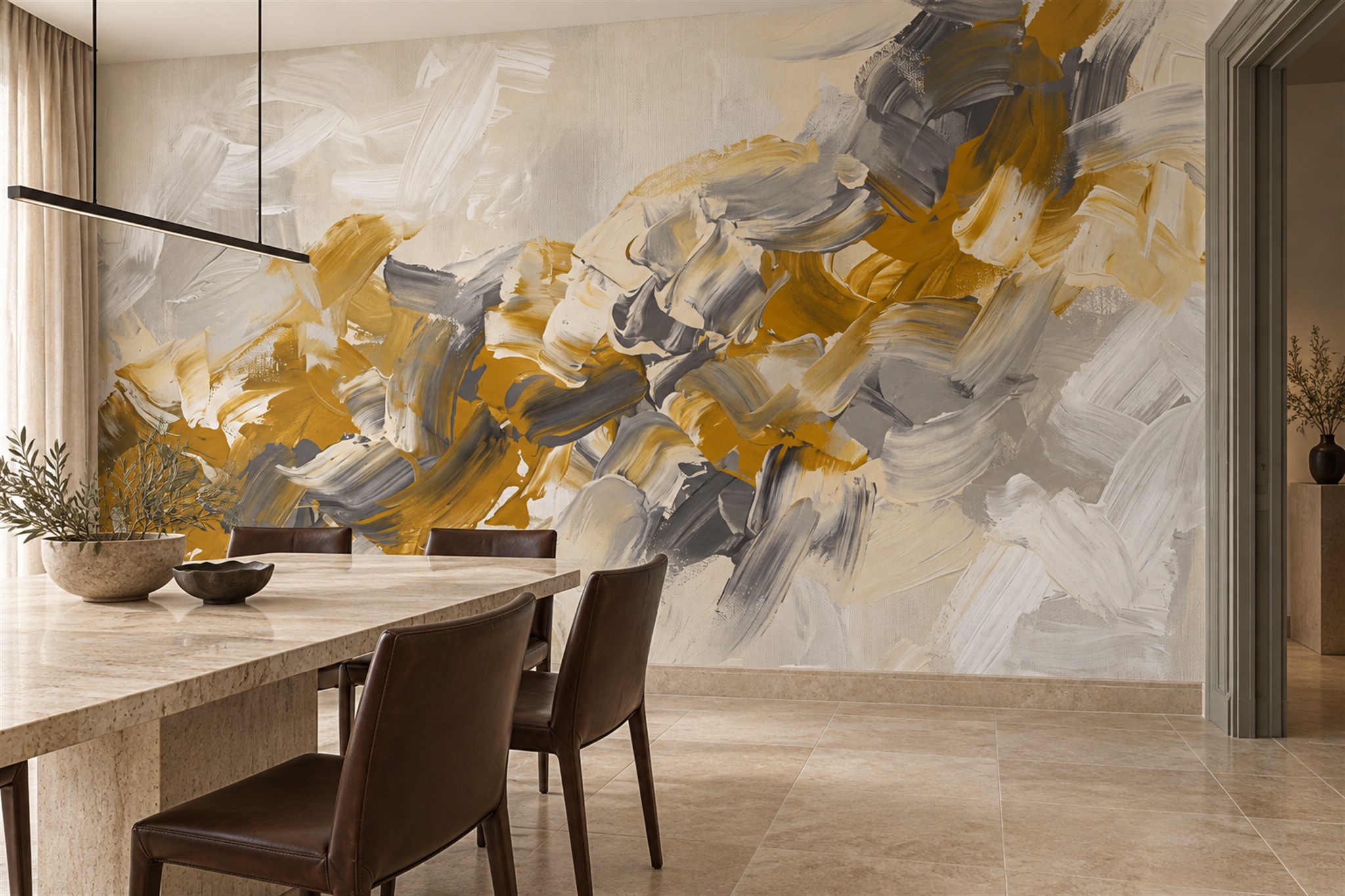 Gold Brushstroke Artful Wallpaper Mural Dining-room-wallpaper-murals, Shown In A Dining Room, Peel-and-stick Finish