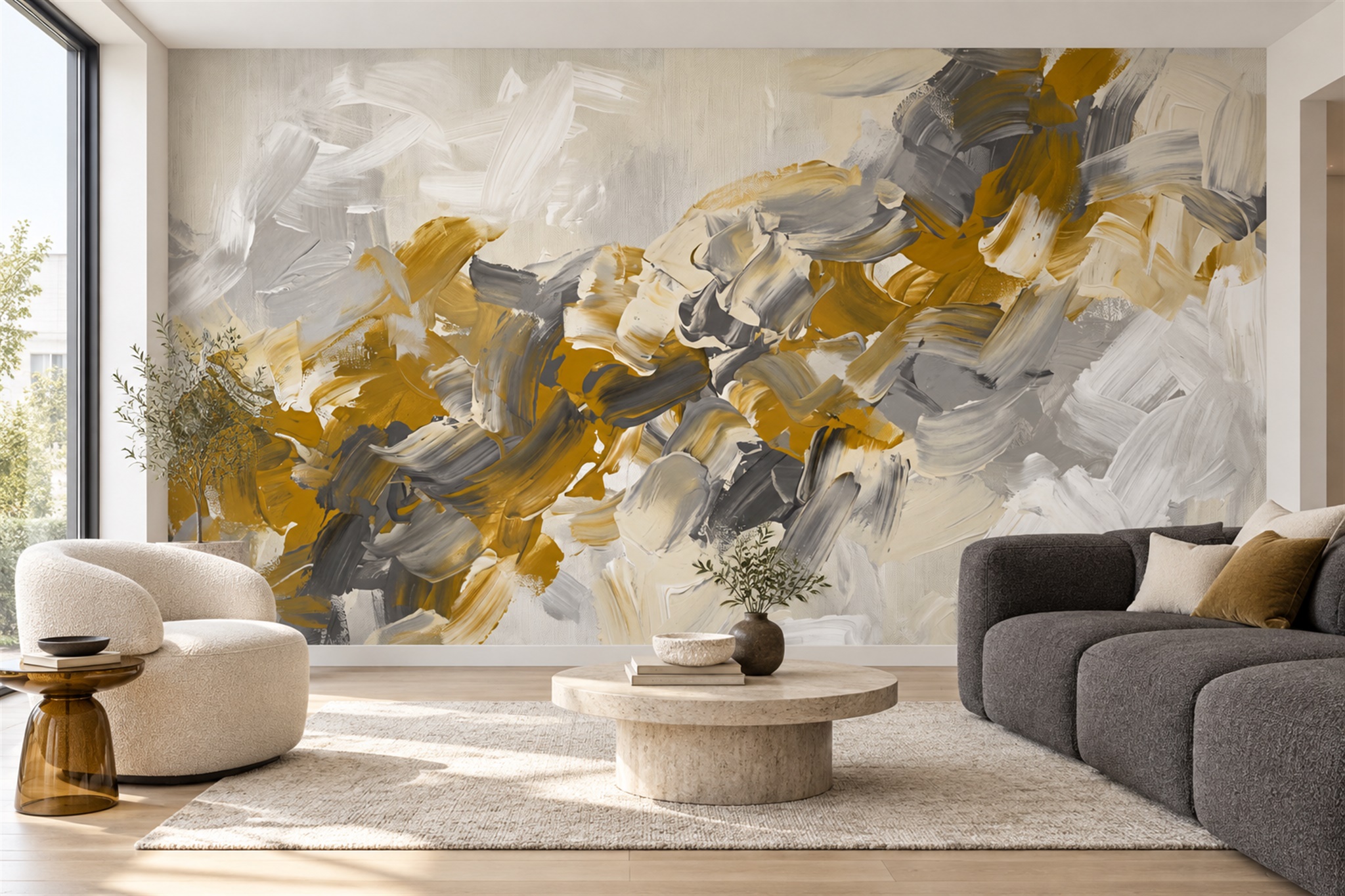 Gold Brushstroke Artful Wallpaper Mural Living-room-wallpaper-murals, Peel-and-stick Finish