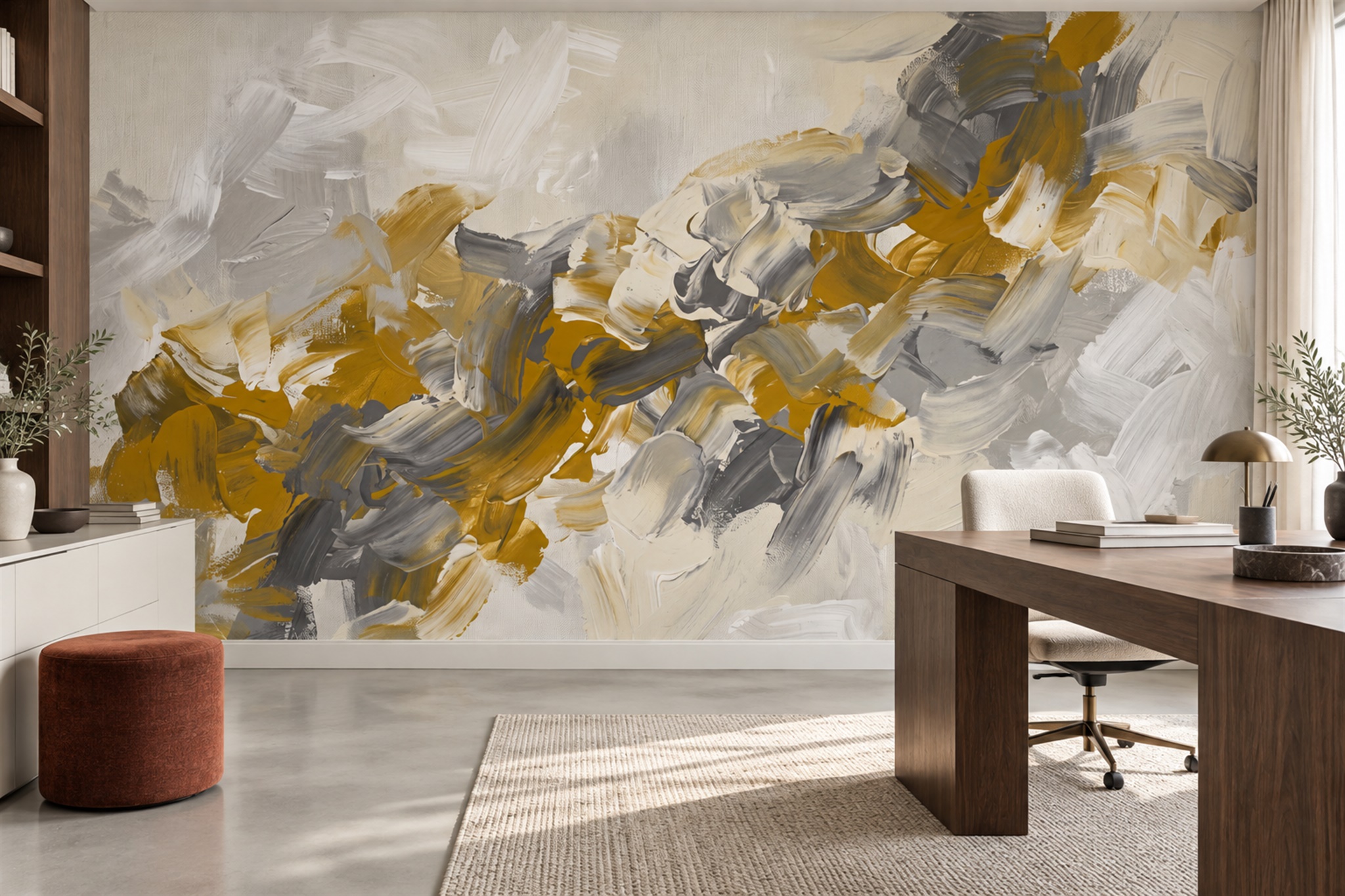 Gold Brushstroke Artful Wallpaper Mural Living-room-wallpaper-murals, Peel-and-stick Finish