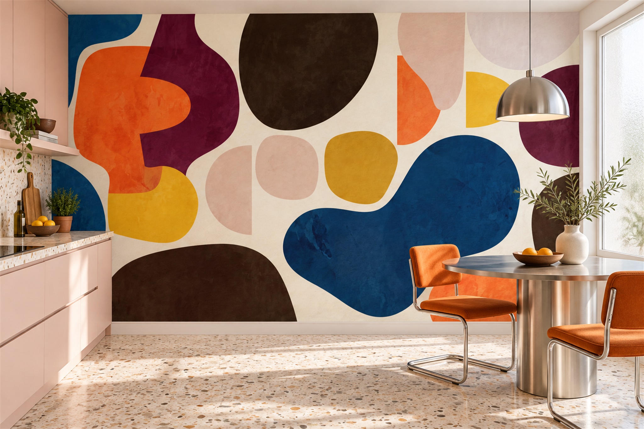 Orange Shaped Abstract Wallpaper Mural Dining-room-wallpaper-murals, Shown In A Dining Room, Peel-and-stick Finish