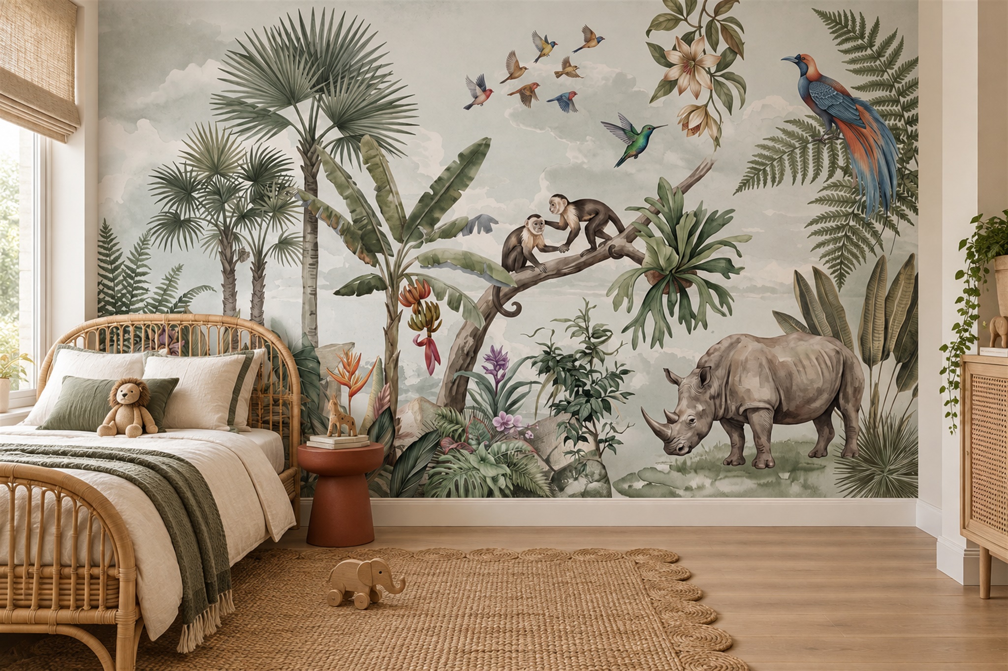 Sage Safari Scenic Toile Wallpaper Mural Accent-wall-wallpaper-murals, Peel-and-stick Finish