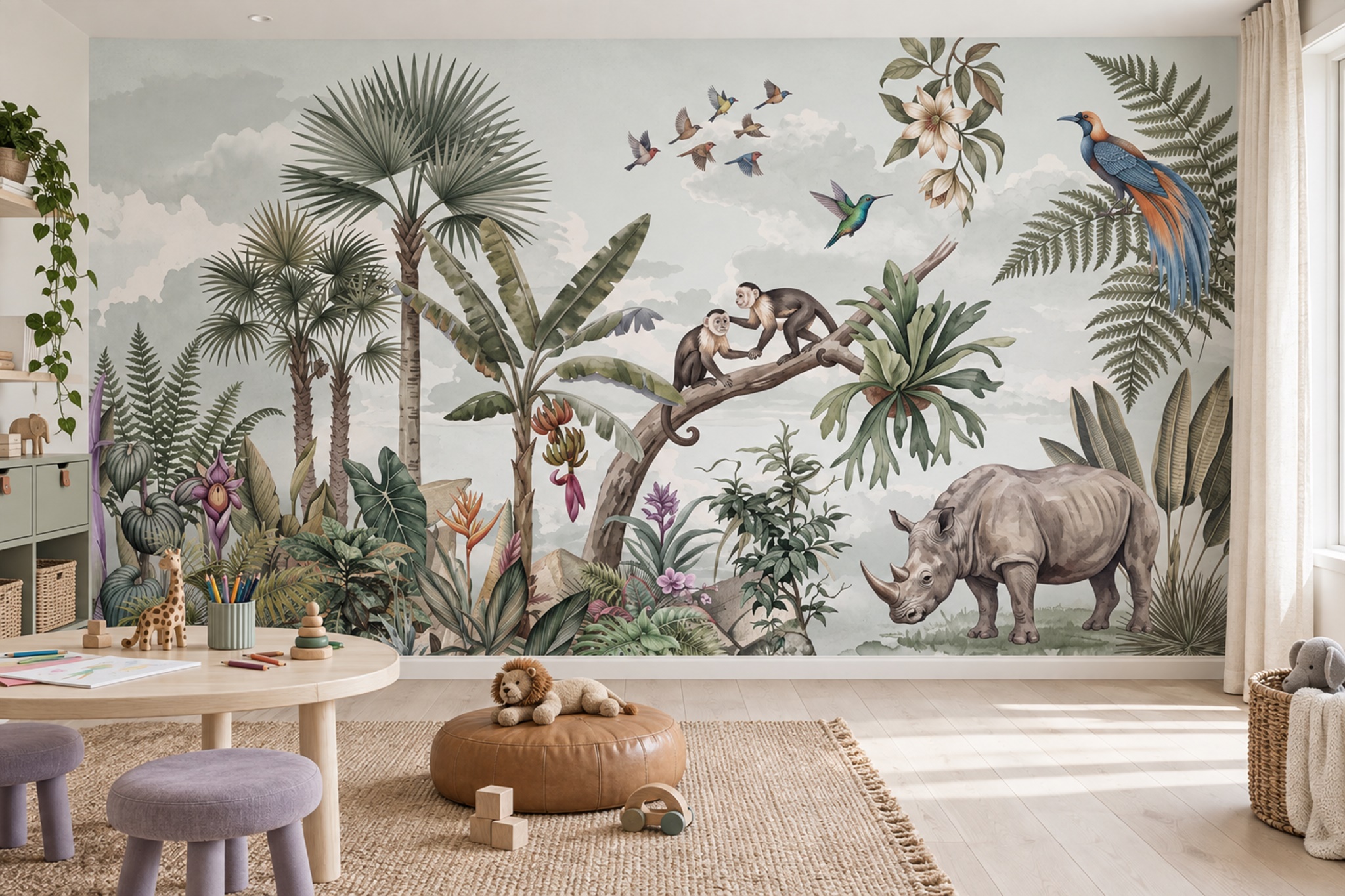 Sage Safari Scenic Toile Wallpaper Mural Feature-wall-wallpaper-murals, Peel-and-stick Finish