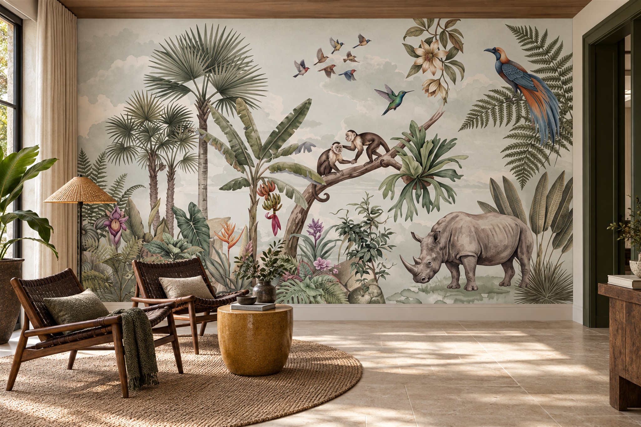 Safari Animals And Tropical Palms Toile Wallpaper Mural — Wallpaper Mural Design, Peel-and-stick Finish